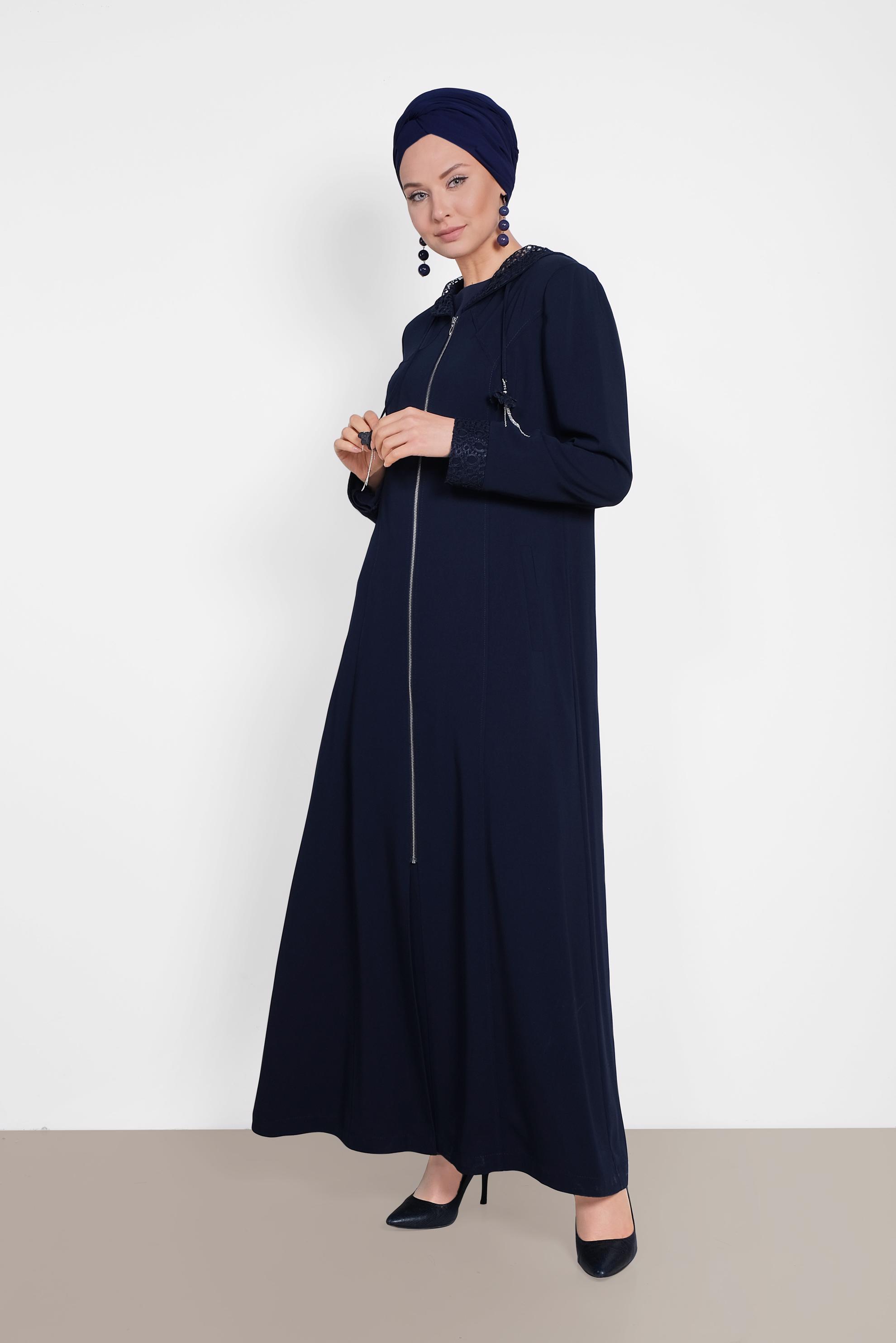 Hijab clothing NAVY BLUE Lace Detail Overcoat 1462 