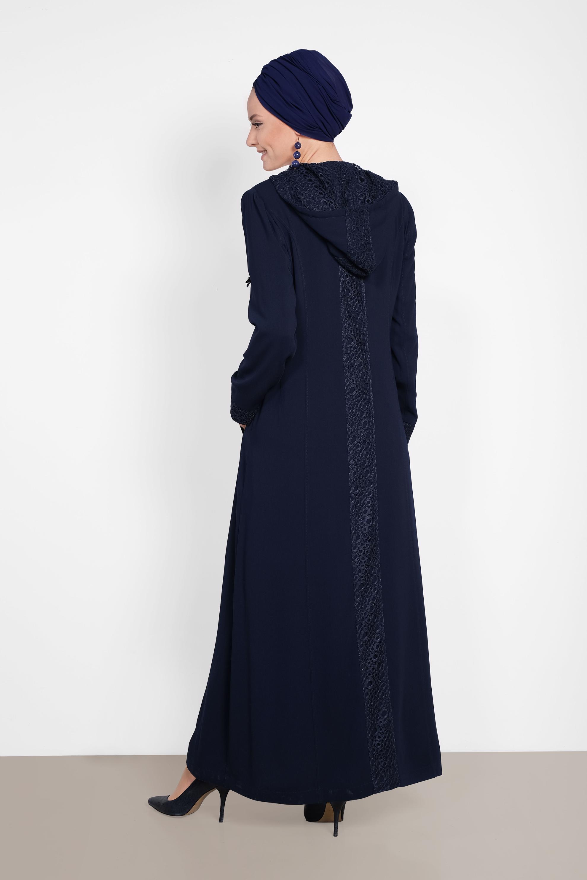 Hijab clothing NAVY BLUE Lace Detail Overcoat 1462 