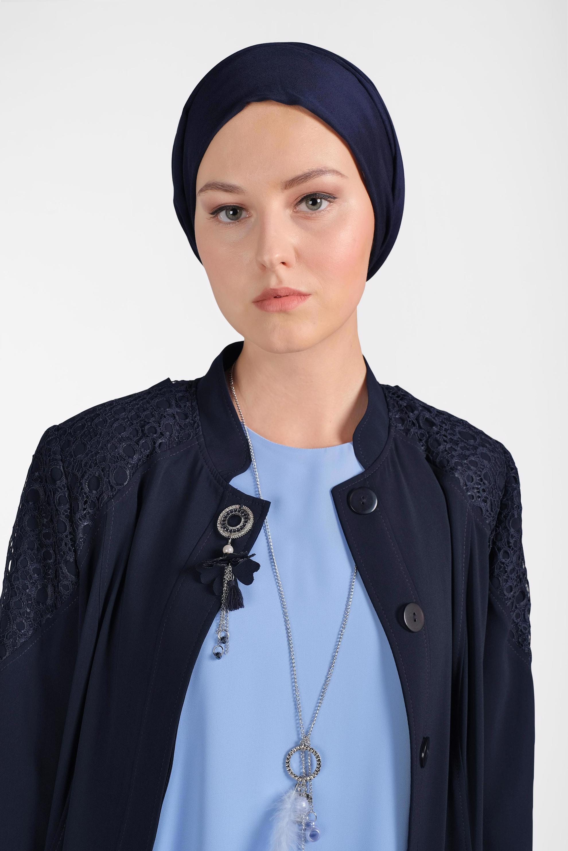 Tesettür giyim LACİVERT BELİ KUŞAKLI GÜPÜRLÜ PARDESÜ 1464