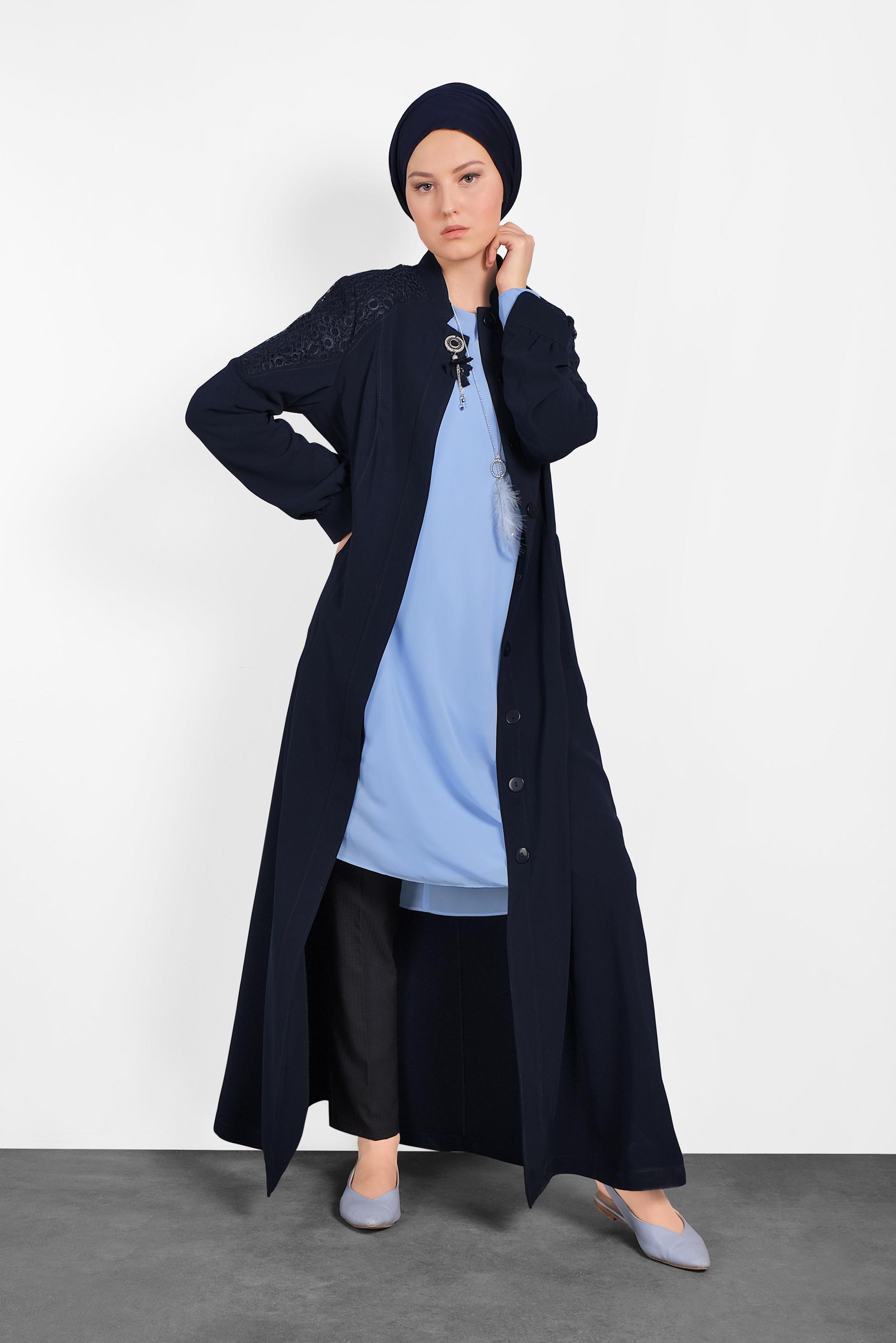 Tesettür giyim LACİVERT BELİ KUŞAKLI GÜPÜRLÜ PARDESÜ 1464