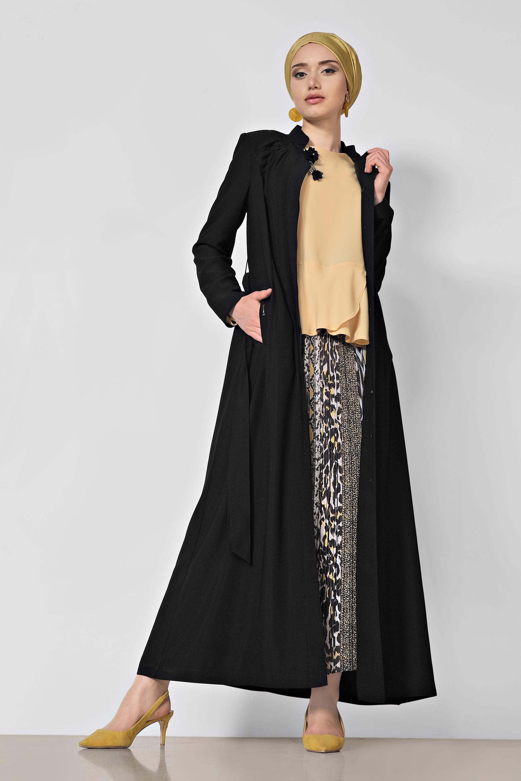 Tesettür giyim SİYAH GİZLİ DÜĞMELİ CEPLİ PARDESÜ 1466