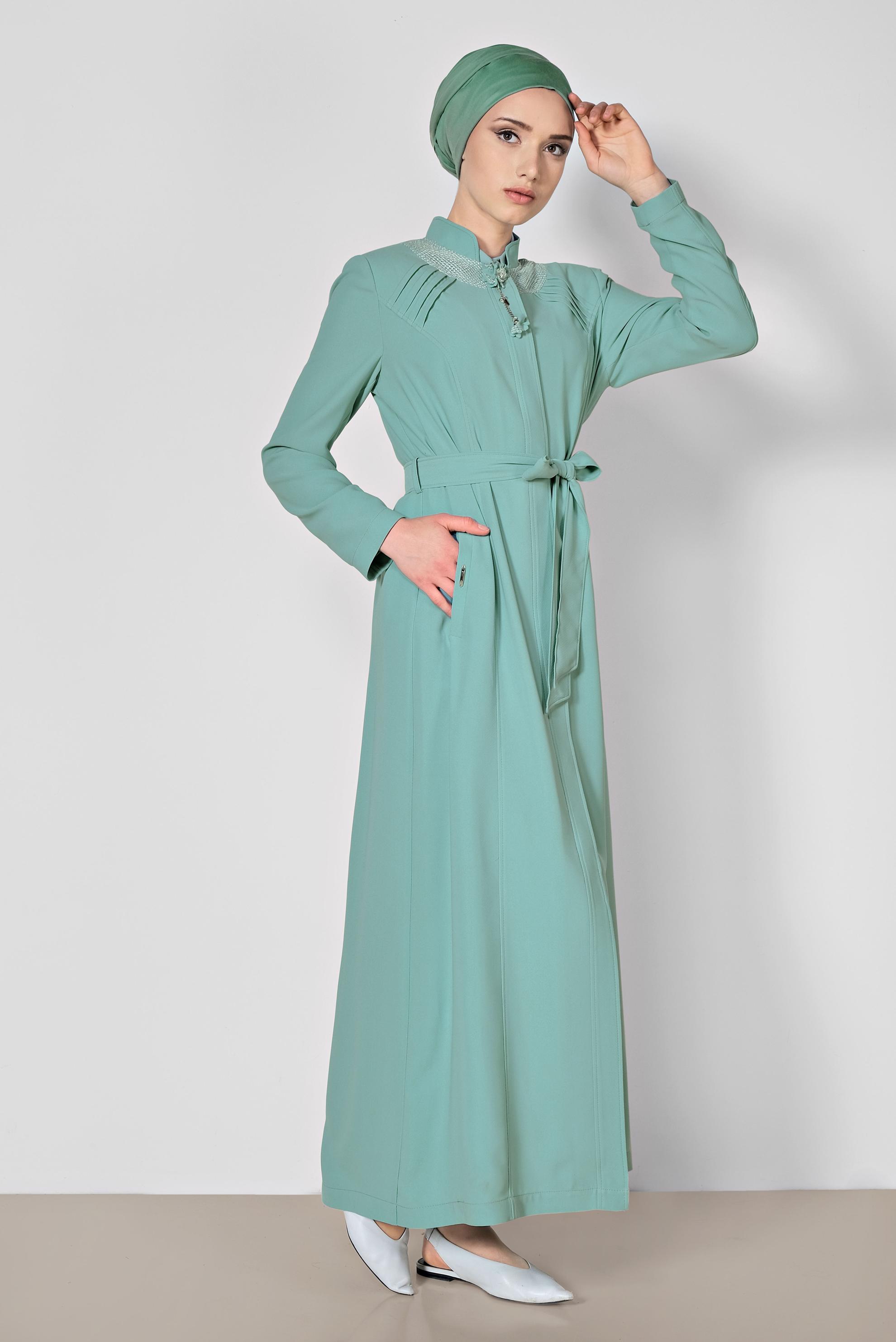 Tesettür giyim MAVİ GİZLİ DÜĞMELİ CEPLİ PARDESÜ 1466