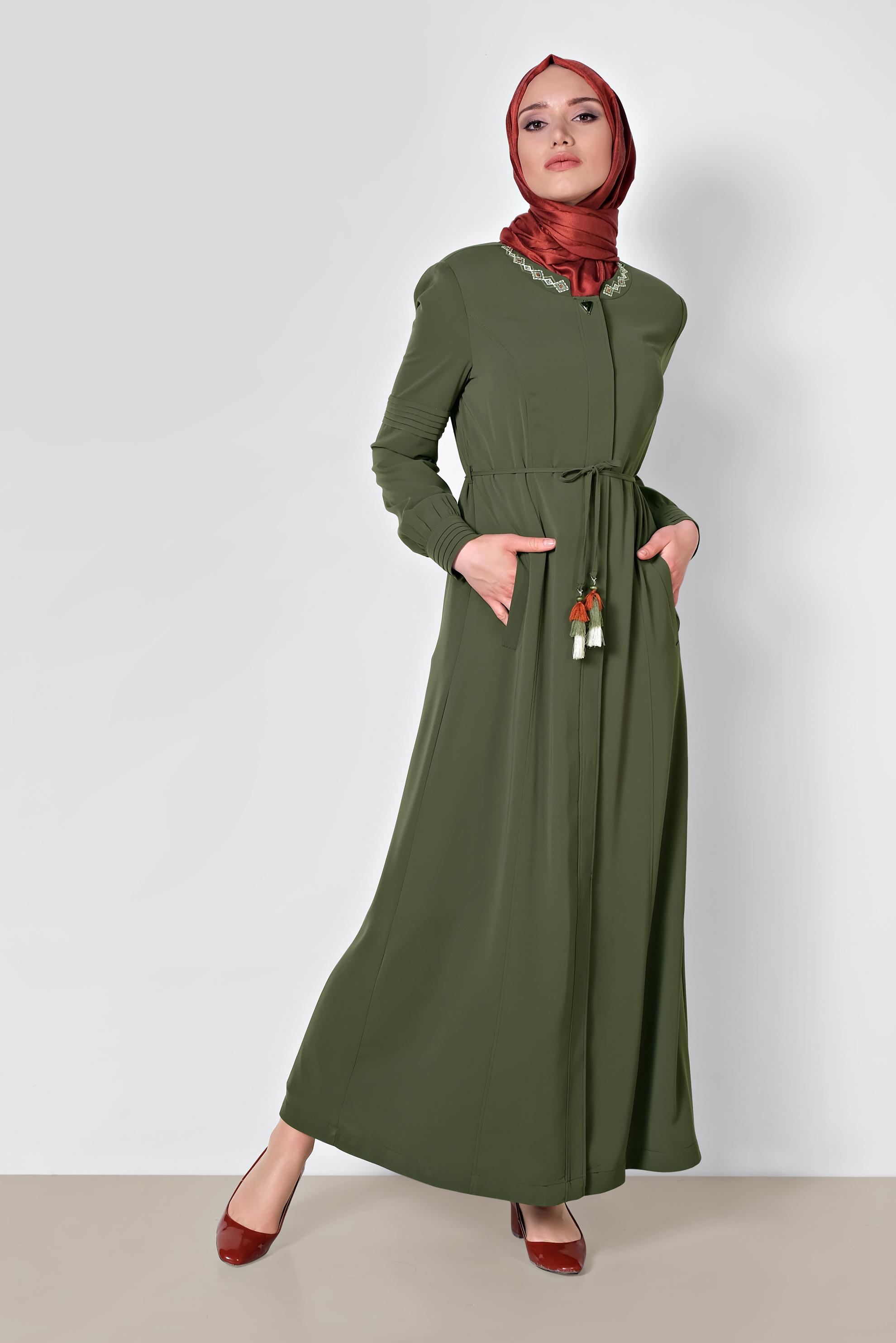 Tesettür giyim HAKİ GİZLİ DÜĞMELİ CEPLİ PARDESÜ 1467