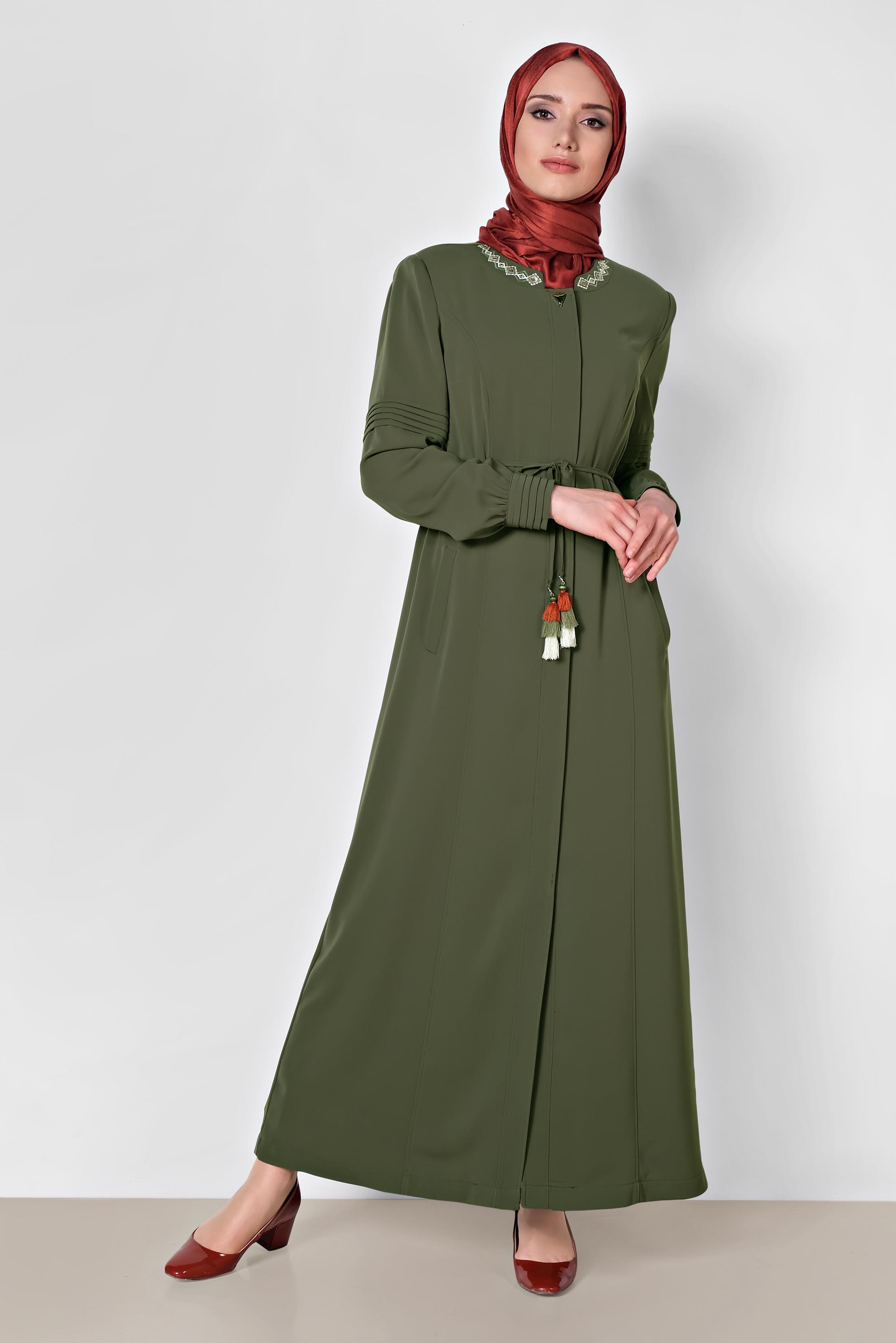 Tesettür giyim HAKİ GİZLİ DÜĞMELİ CEPLİ PARDESÜ 1467