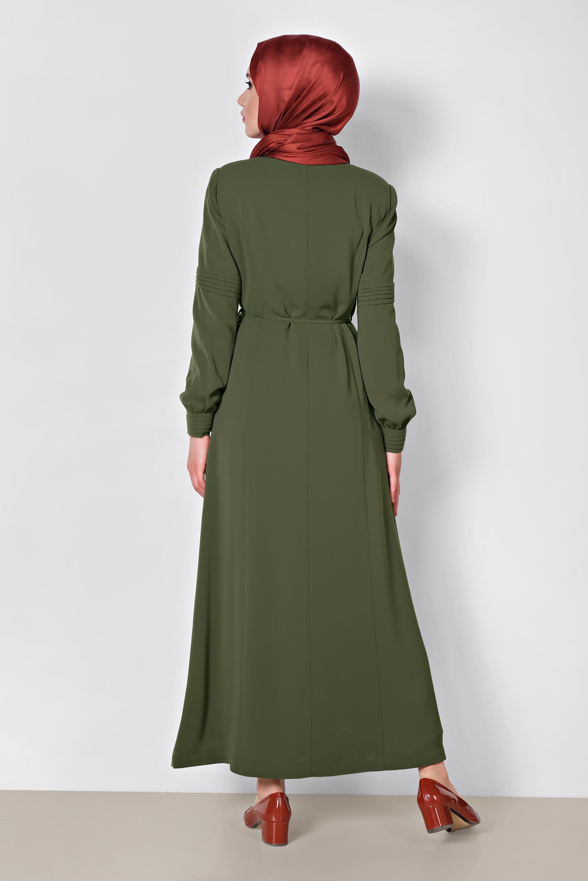 Tesettür giyim HAKİ GİZLİ DÜĞMELİ CEPLİ PARDESÜ 1467