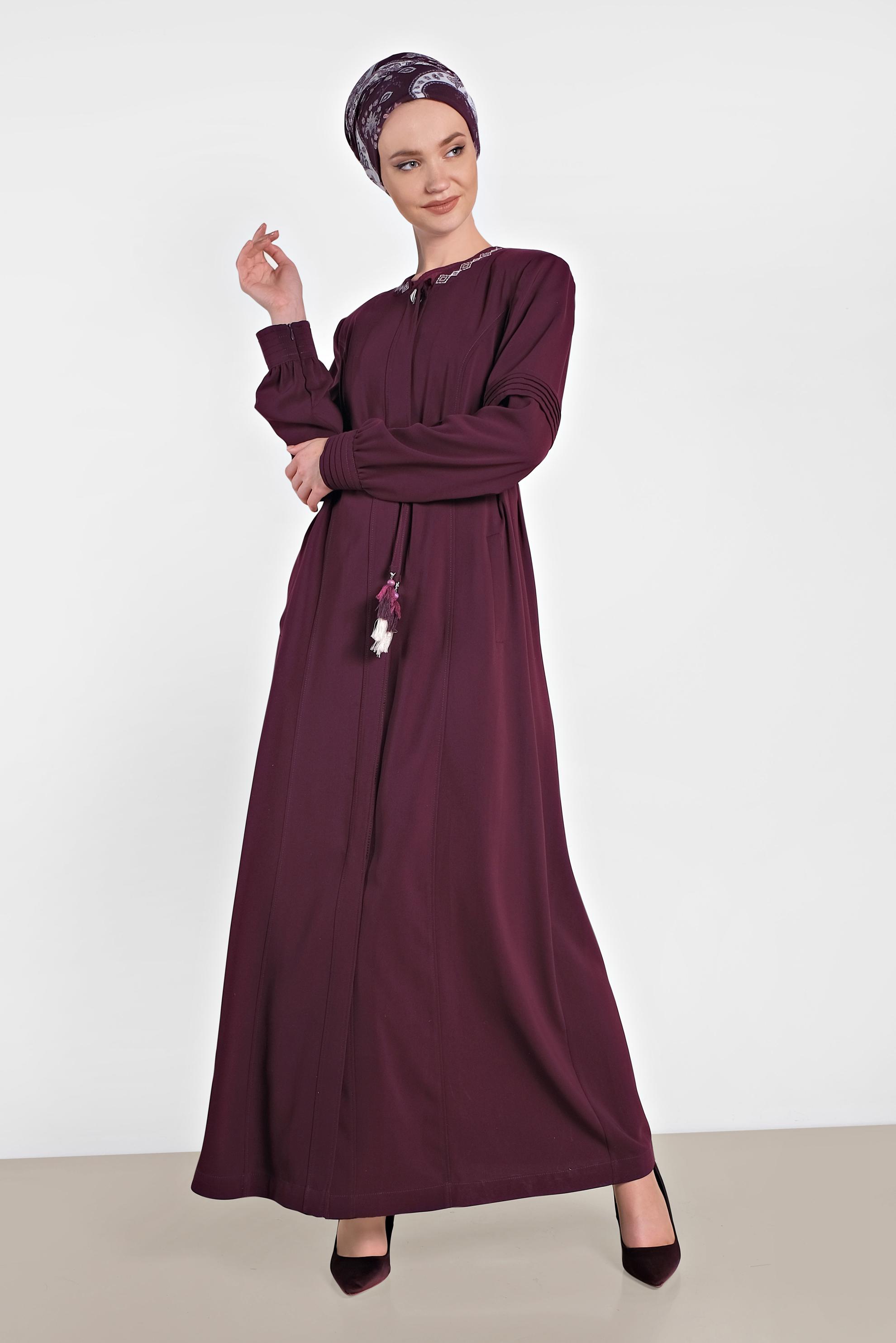 Tesettür giyim BORDO GİZLİ DÜĞMELİ CEPLİ PARDESÜ 1467