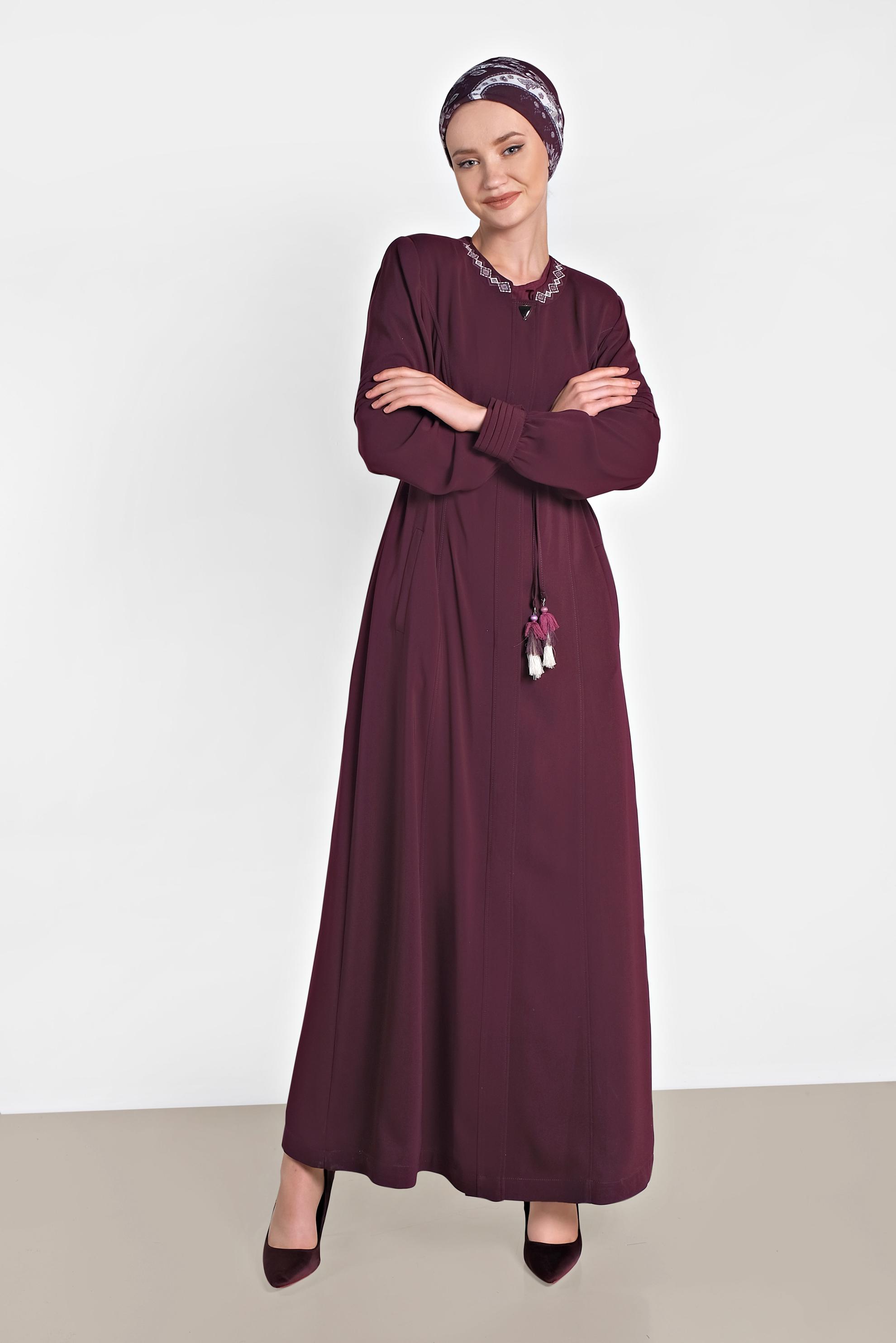 Tesettür giyim BORDO GİZLİ DÜĞMELİ CEPLİ PARDESÜ 1467