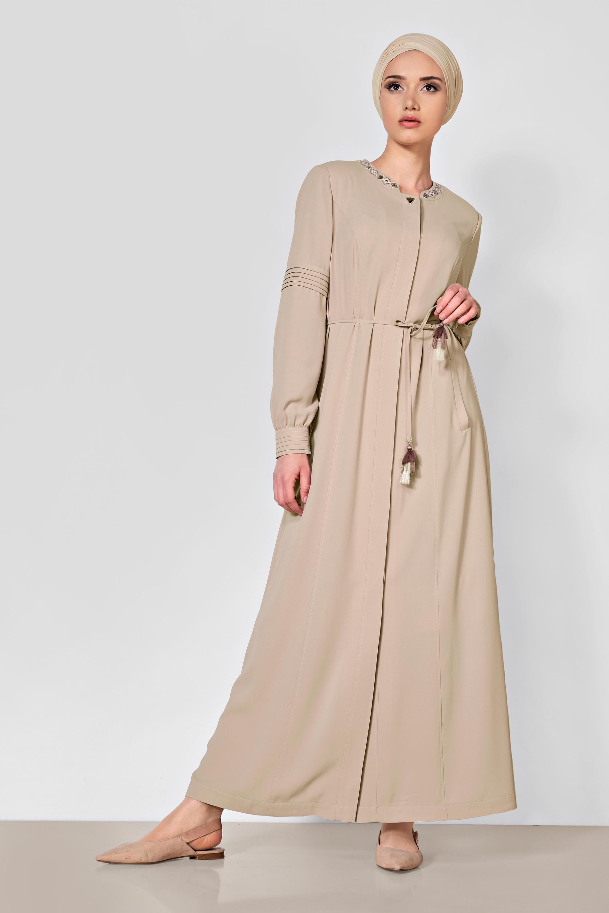 Tesettür giyim KAHVE GİZLİ DÜĞMELİ CEPLİ PARDESÜ 1467