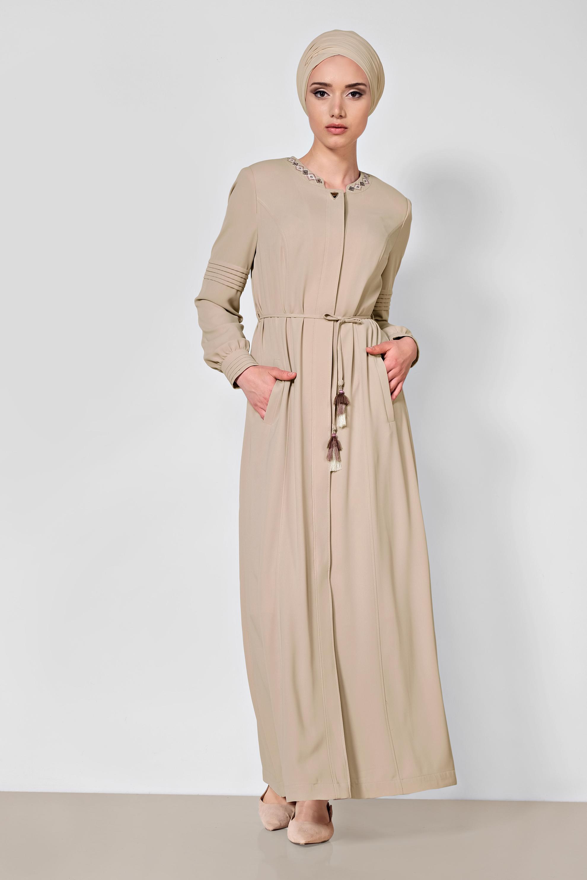 Tesettür giyim KAHVE GİZLİ DÜĞMELİ CEPLİ PARDESÜ 1467