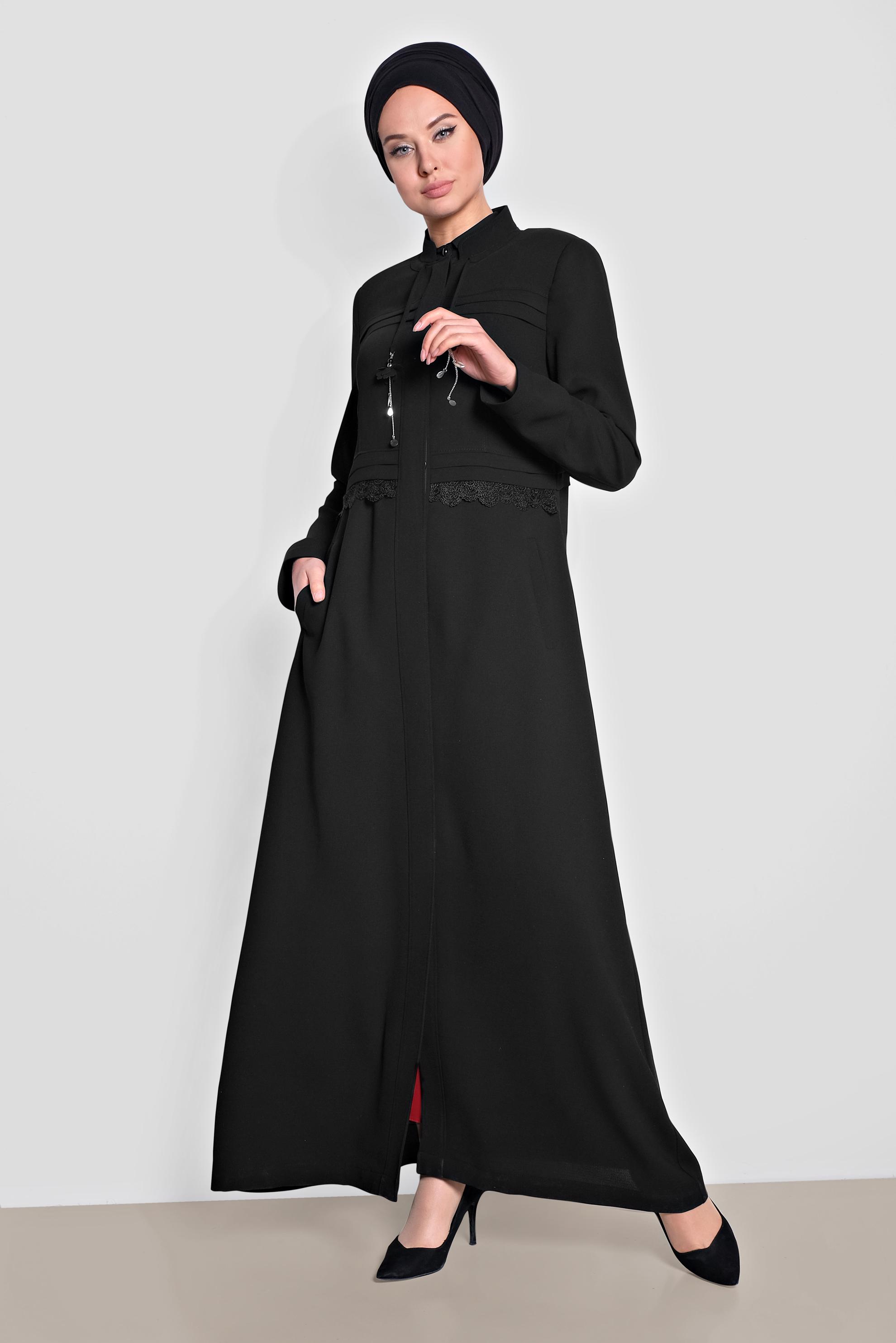 Tesettür giyim SİYAH HAKİM YAKA GİZLİ DÜĞMELİ PARDESÜ 1468