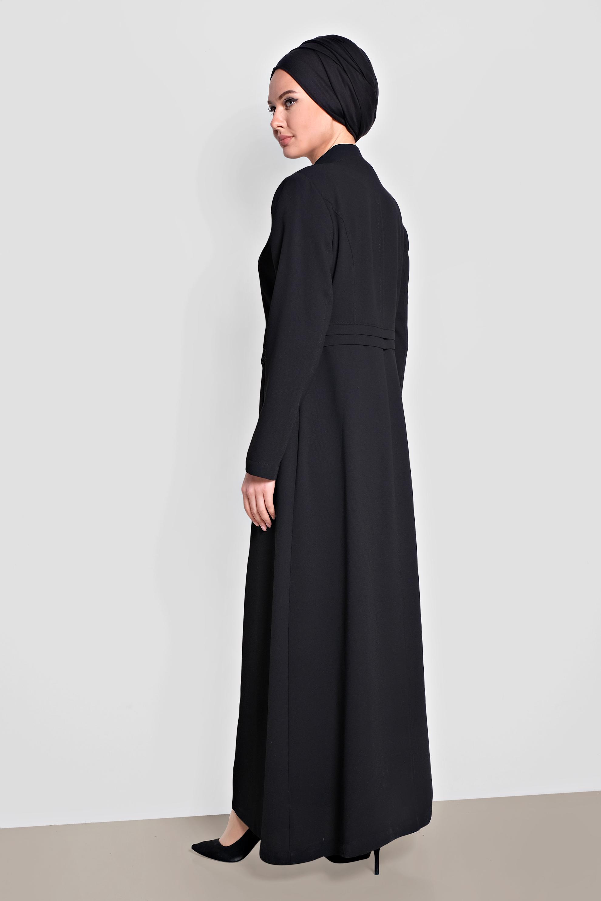 Tesettür giyim SİYAH HAKİM YAKA GİZLİ DÜĞMELİ PARDESÜ 1468