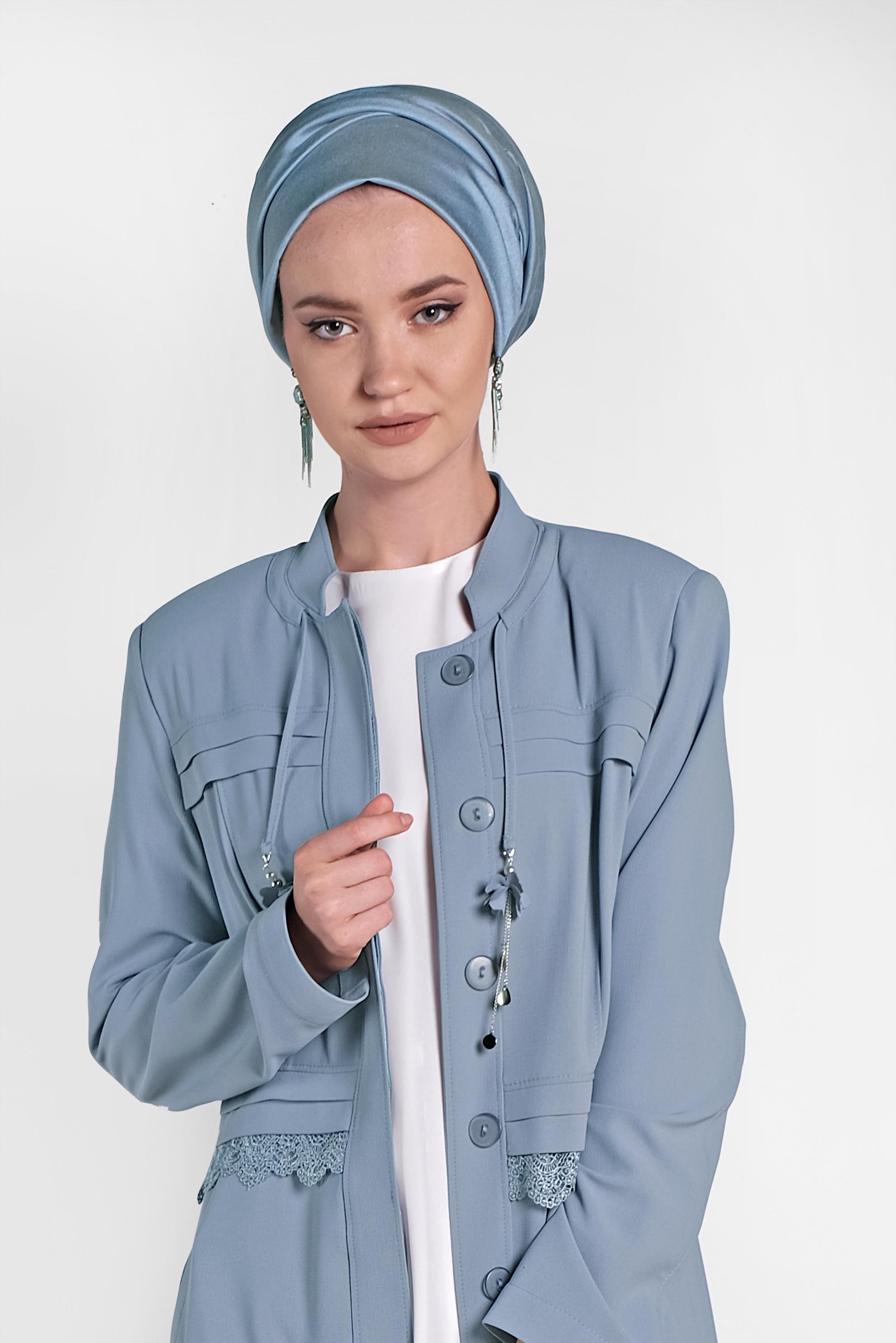 Hijab clothing BLUE Mandarin Collar Hidden Button Overcoat 1468 