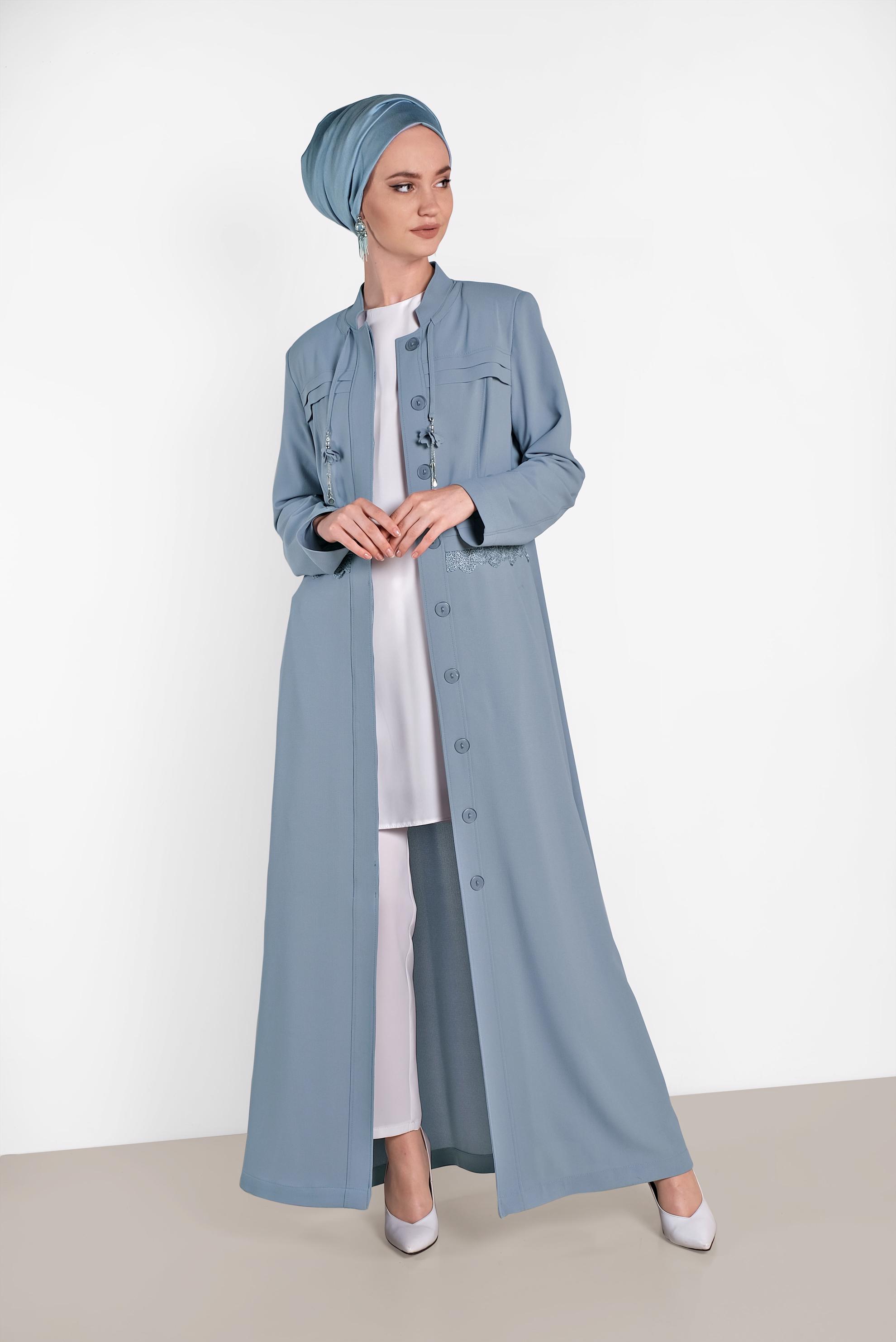 Hijab clothing BLUE Mandarin Collar Hidden Button Overcoat 1468 