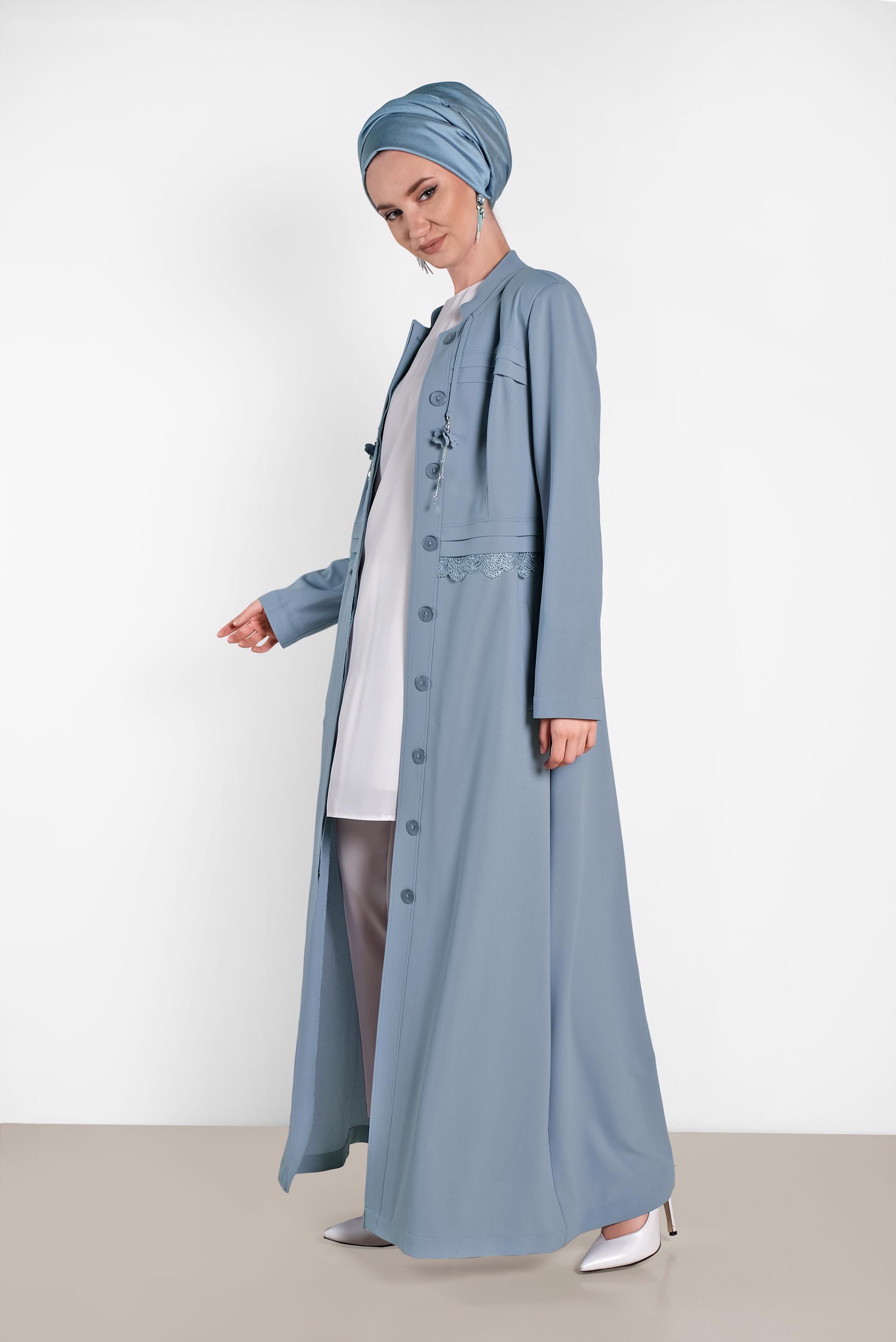 Hijab clothing BLUE Mandarin Collar Hidden Button Overcoat 1468 