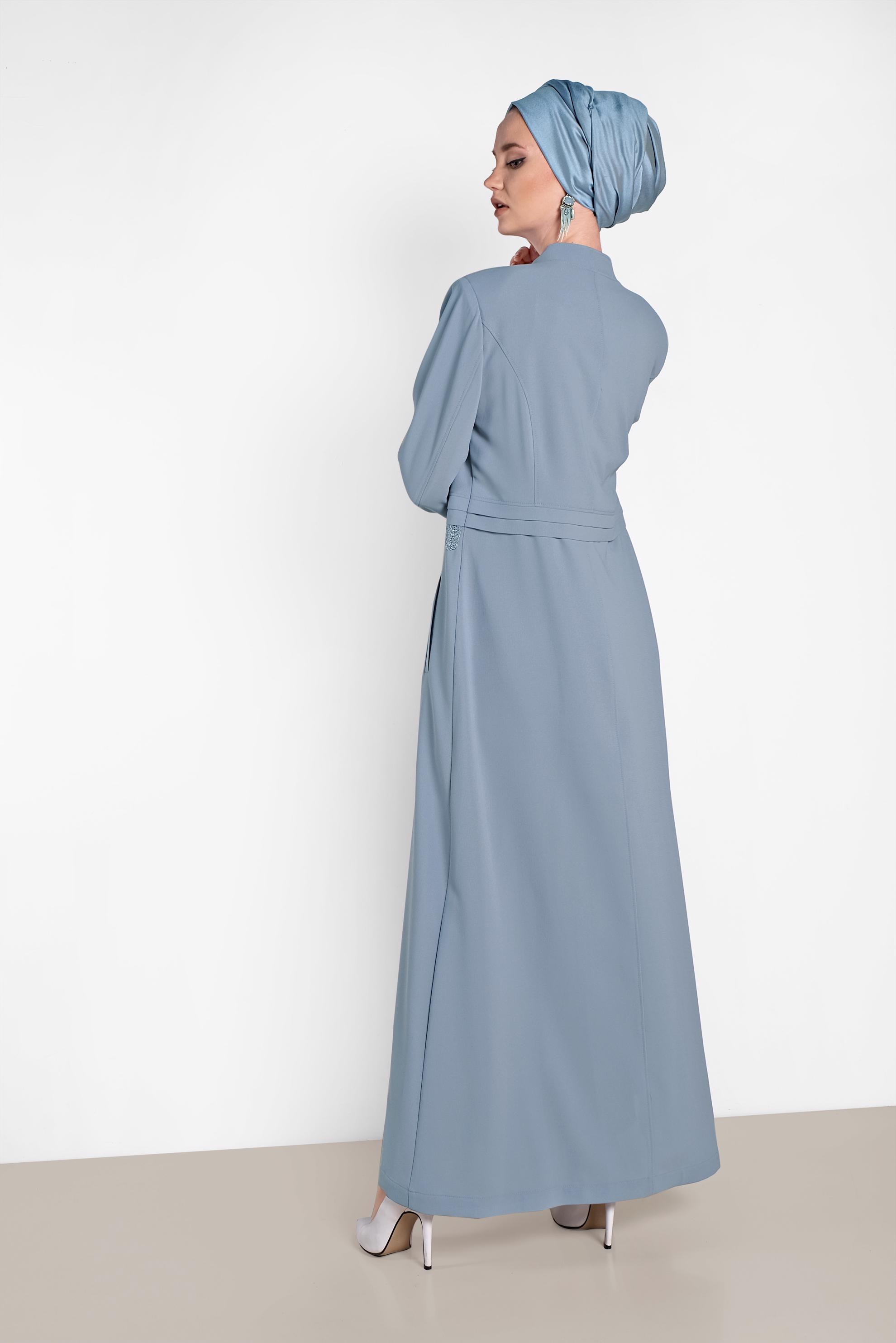 Hijab clothing BLUE Mandarin Collar Hidden Button Overcoat 1468 