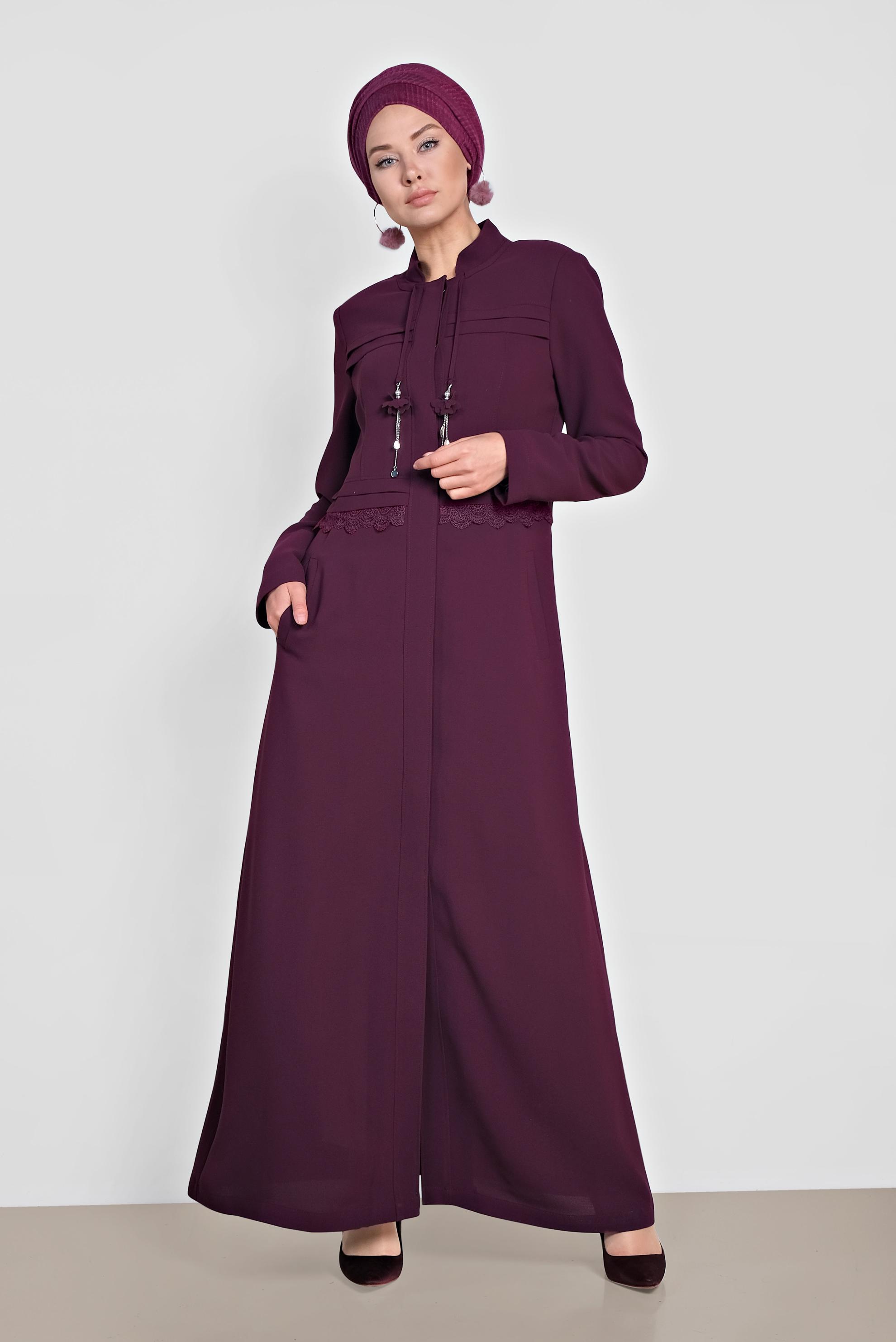 Tesettür giyim MOR HAKİM YAKA GİZLİ DÜĞMELİ PARDESÜ 1468