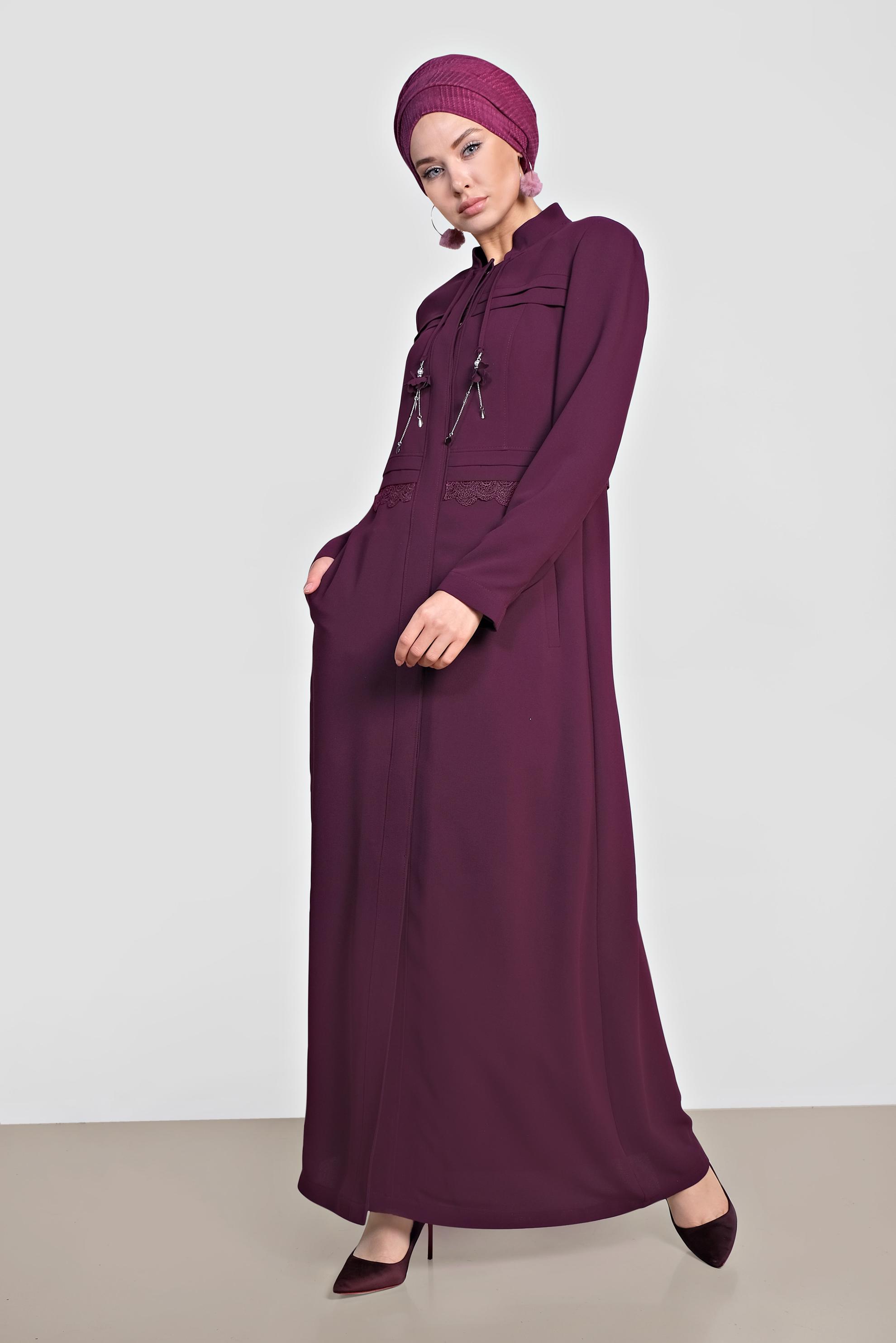 Tesettür giyim MOR HAKİM YAKA GİZLİ DÜĞMELİ PARDESÜ 1468