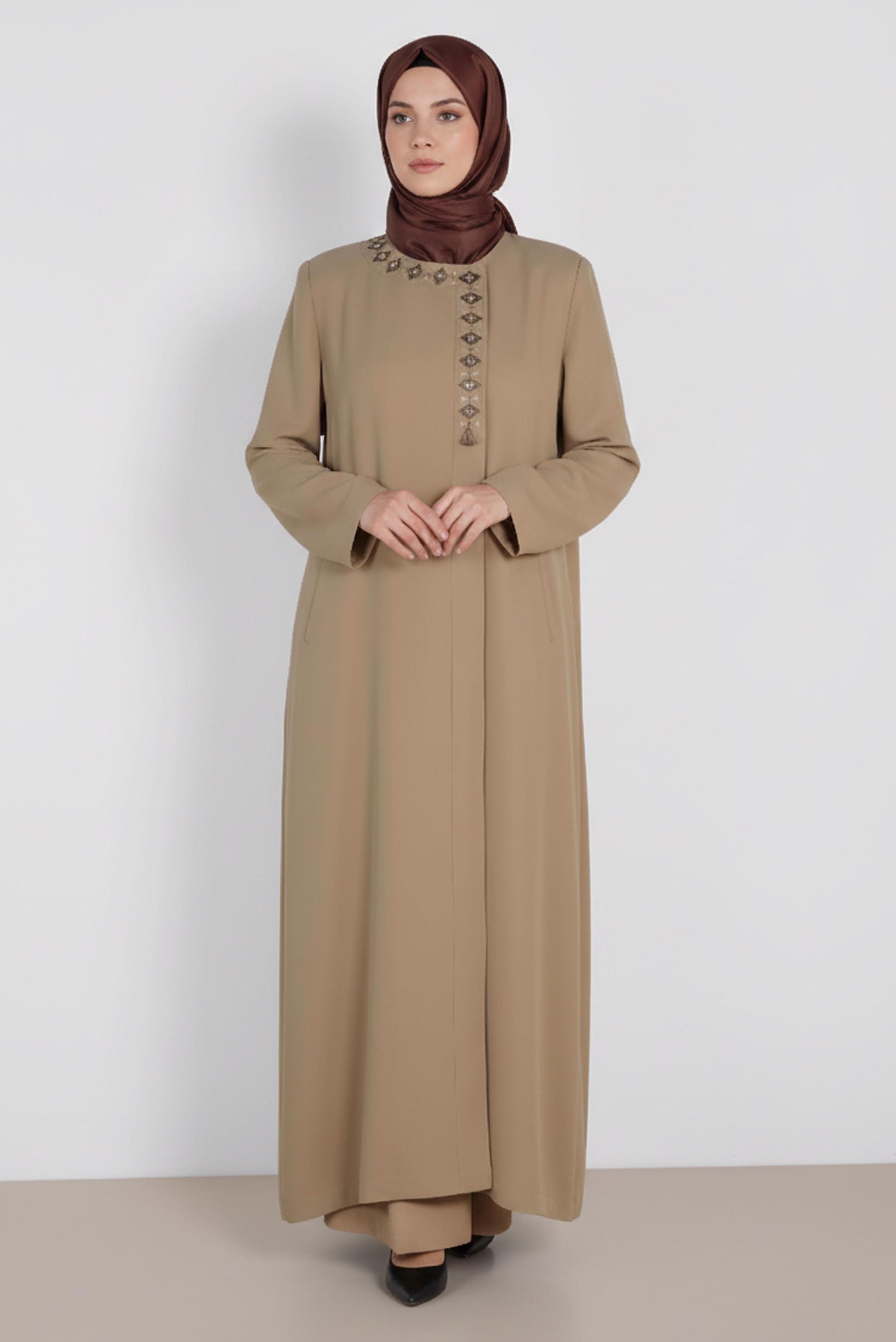 Tesettür giyim KAHVE NAKIŞ DETAYLI PARDESÜ 1469