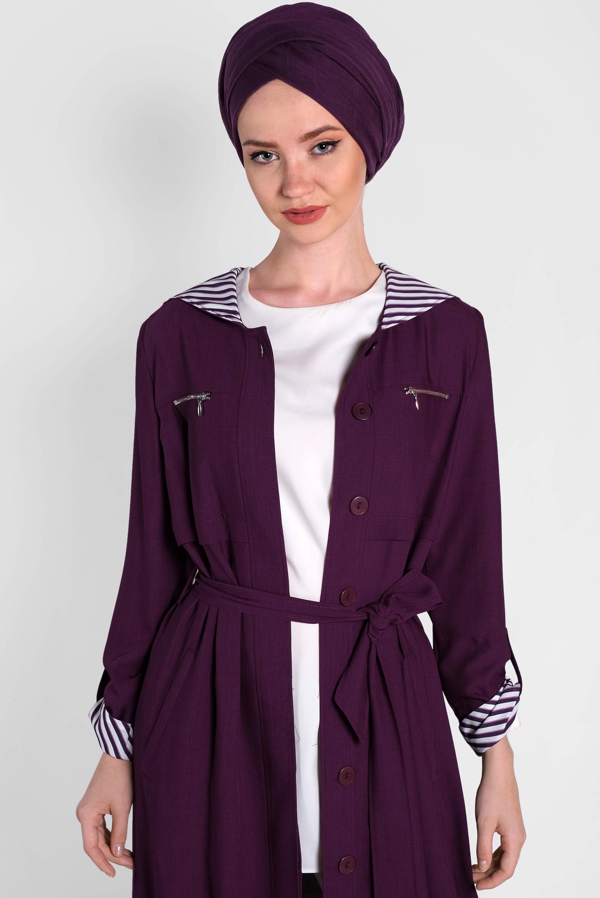Tesettür giyim MOR BELİ KUŞAKLI KAPÜŞONLU PARDESÜ  1470