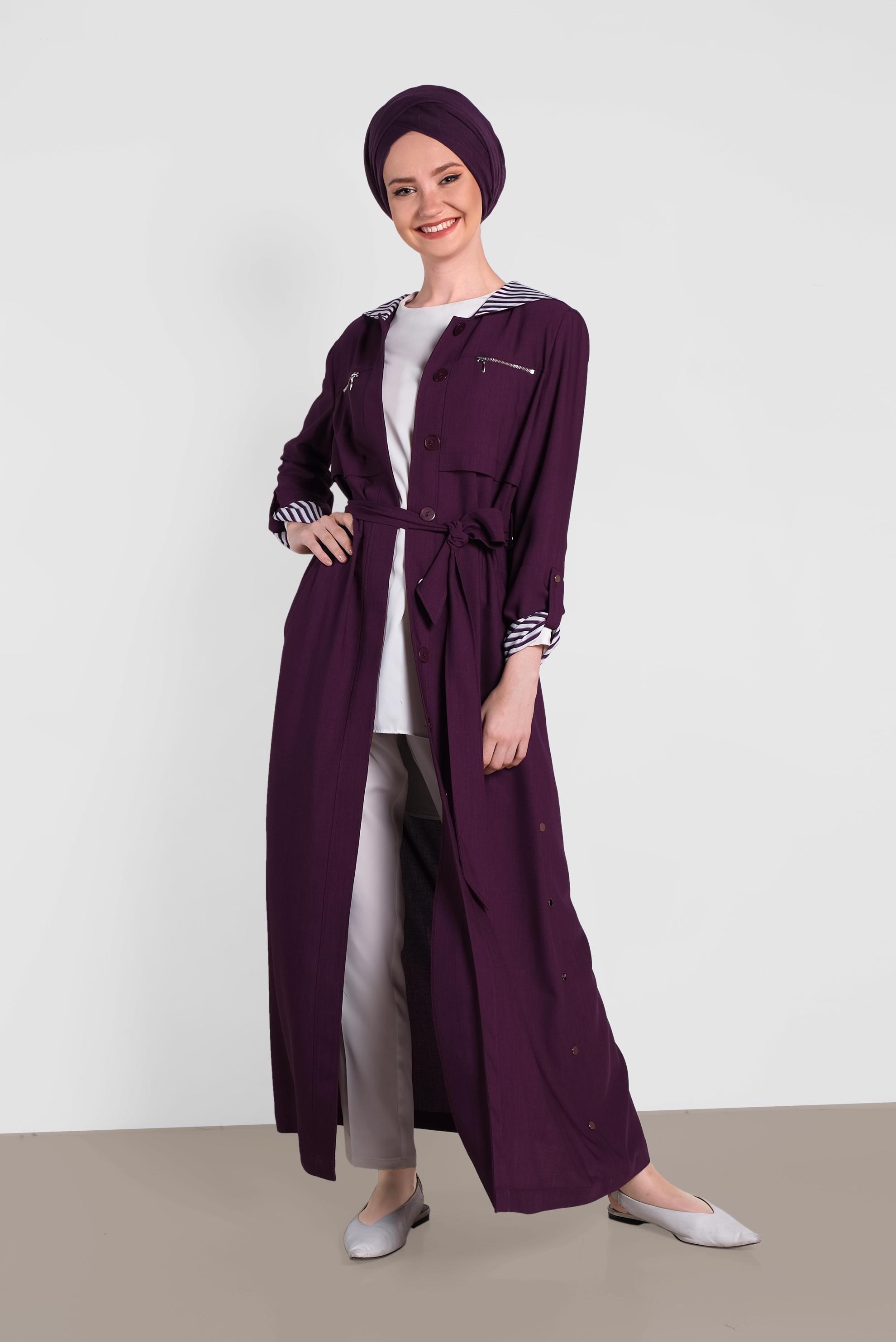 Tesettür giyim MOR BELİ KUŞAKLI KAPÜŞONLU PARDESÜ  1470