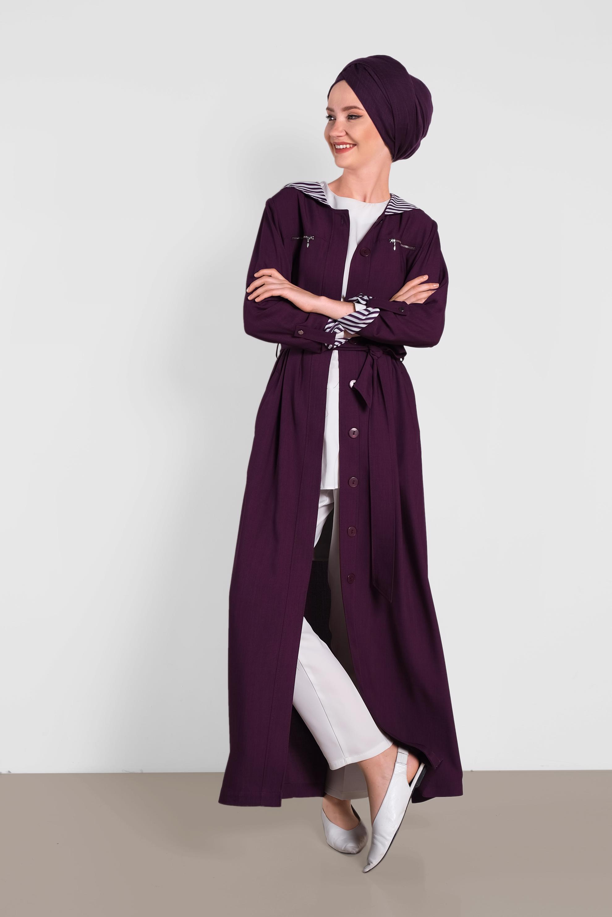 Tesettür giyim MOR BELİ KUŞAKLI KAPÜŞONLU PARDESÜ  1470