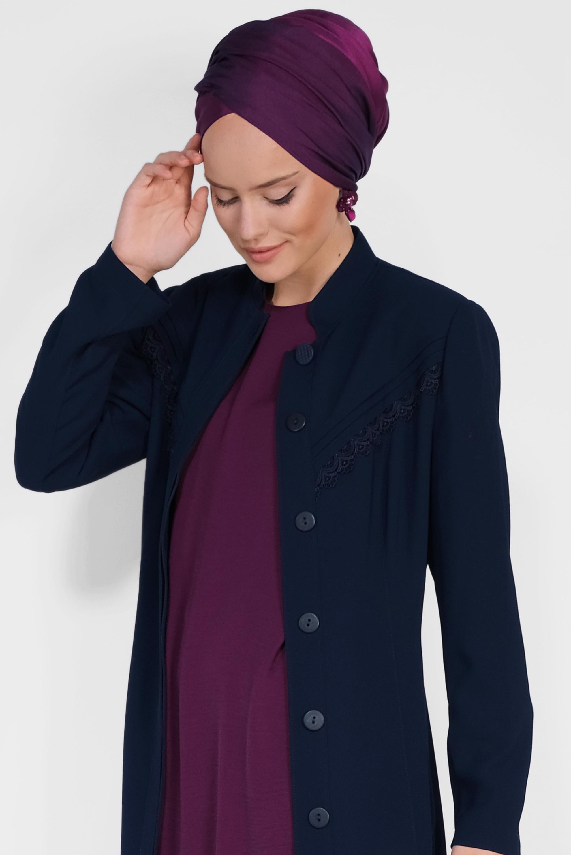 Hijab clothing NAVY BLUE Guipure Detail Hidden Button Overcoat 1471 