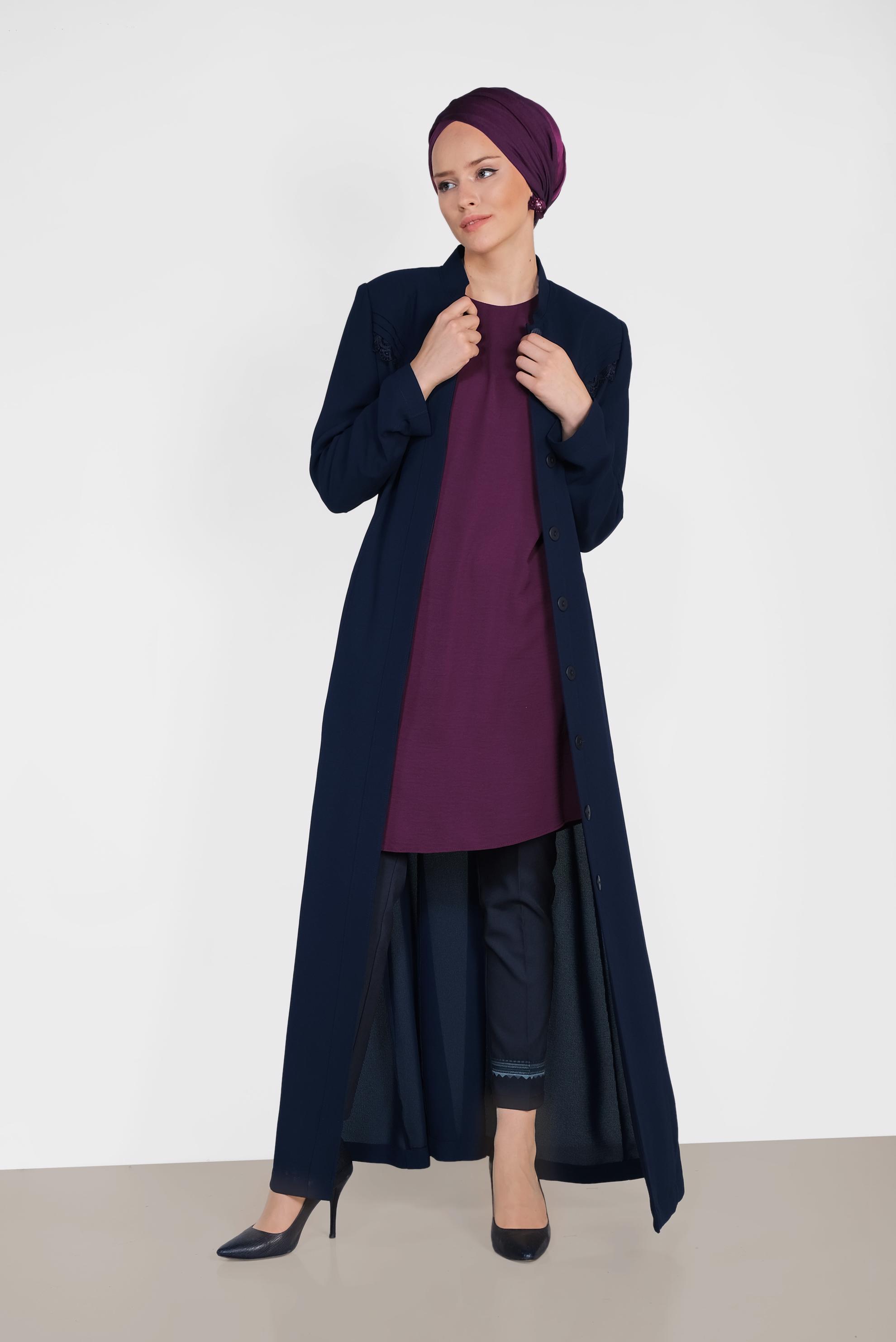Hijab clothing NAVY BLUE Guipure Detail Hidden Button Overcoat 1471 