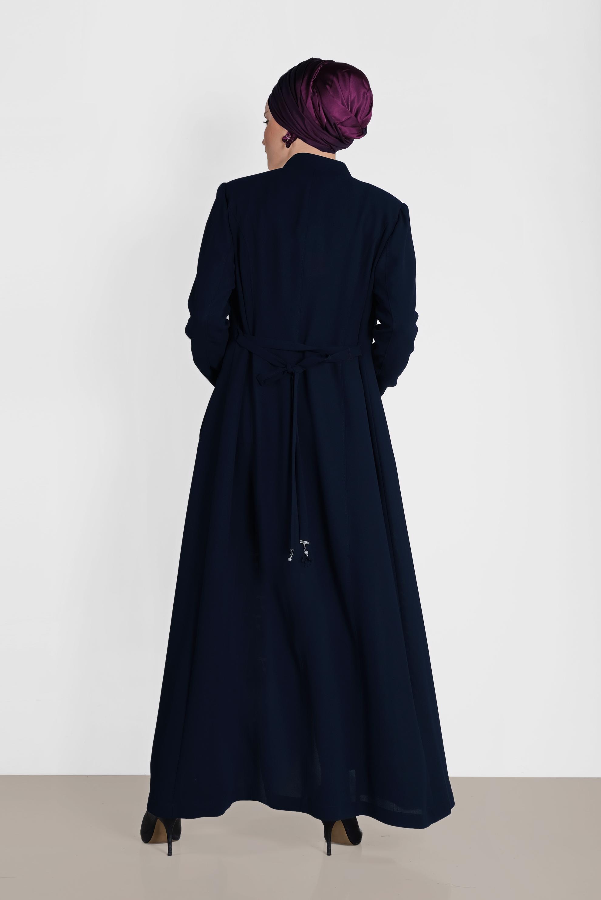 Hijab clothing NAVY BLUE Guipure Detail Hidden Button Overcoat 1471 