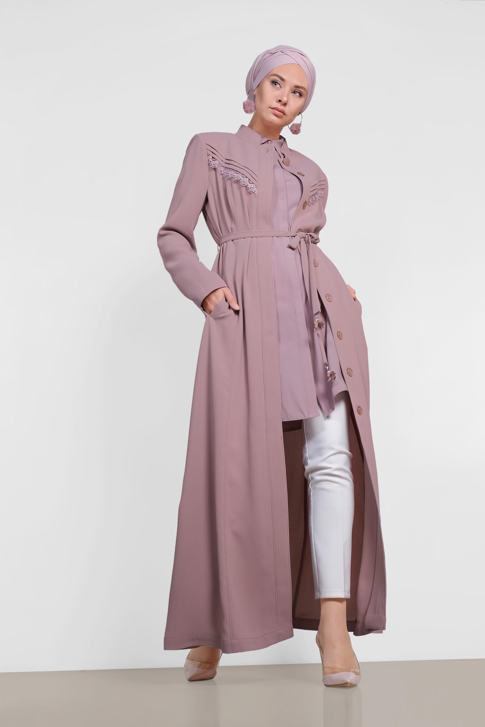 Hijab clothing POWDER Guipure Detail Hidden Button Overcoat 1471 