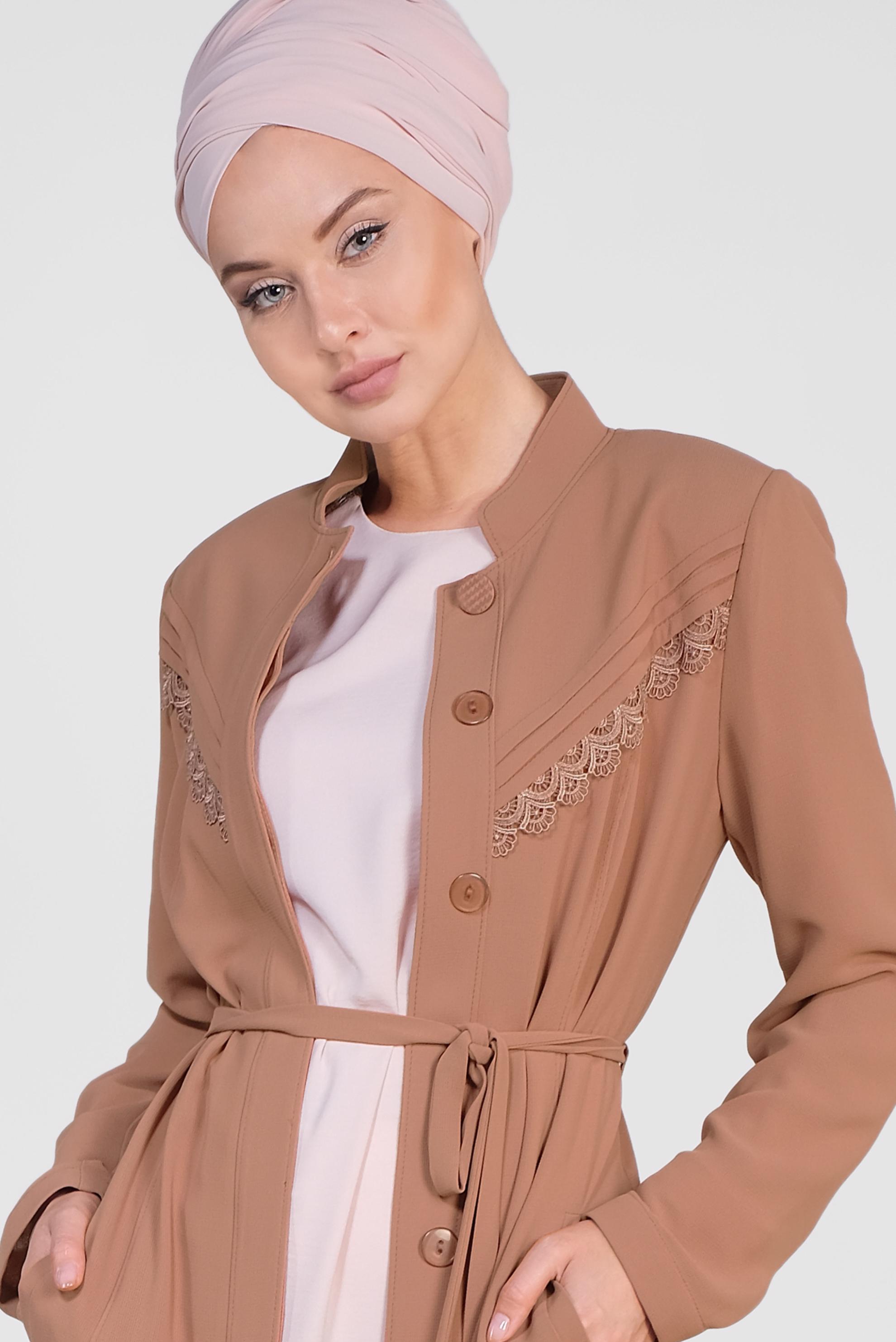 Hijab clothing BROWN Guipure Detail Hidden Button Overcoat 1471 