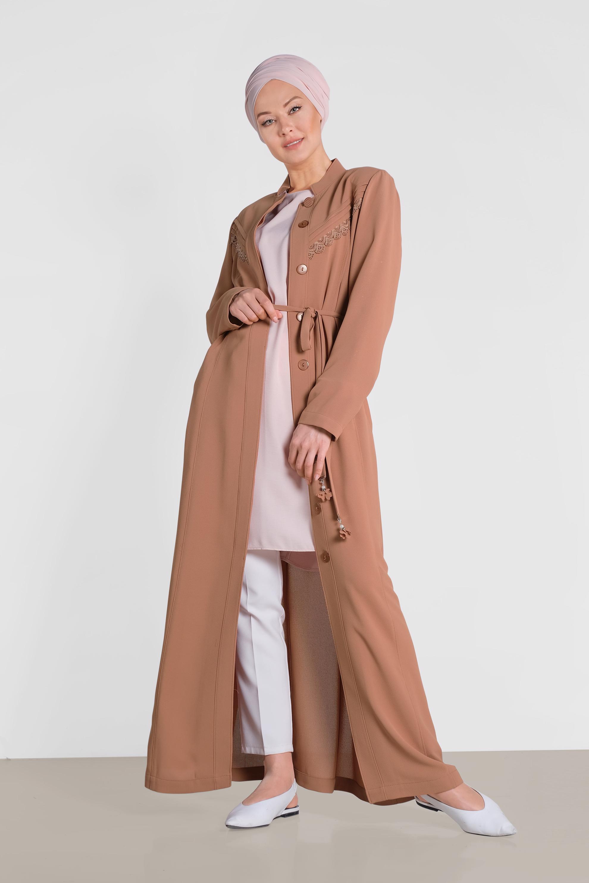 Hijab clothing BROWN Guipure Detail Hidden Button Overcoat 1471 