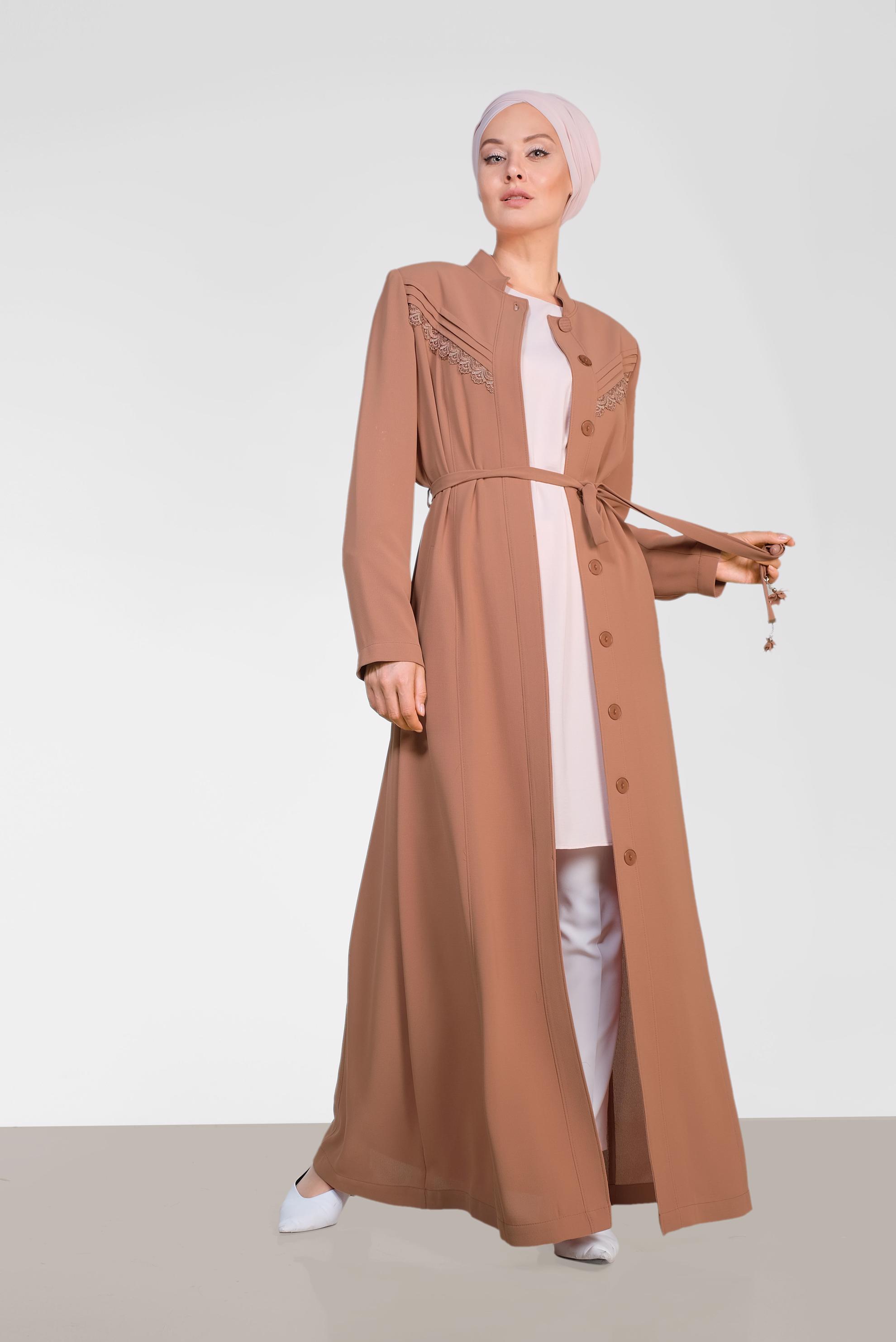 Hijab clothing BROWN Guipure Detail Hidden Button Overcoat 1471 
