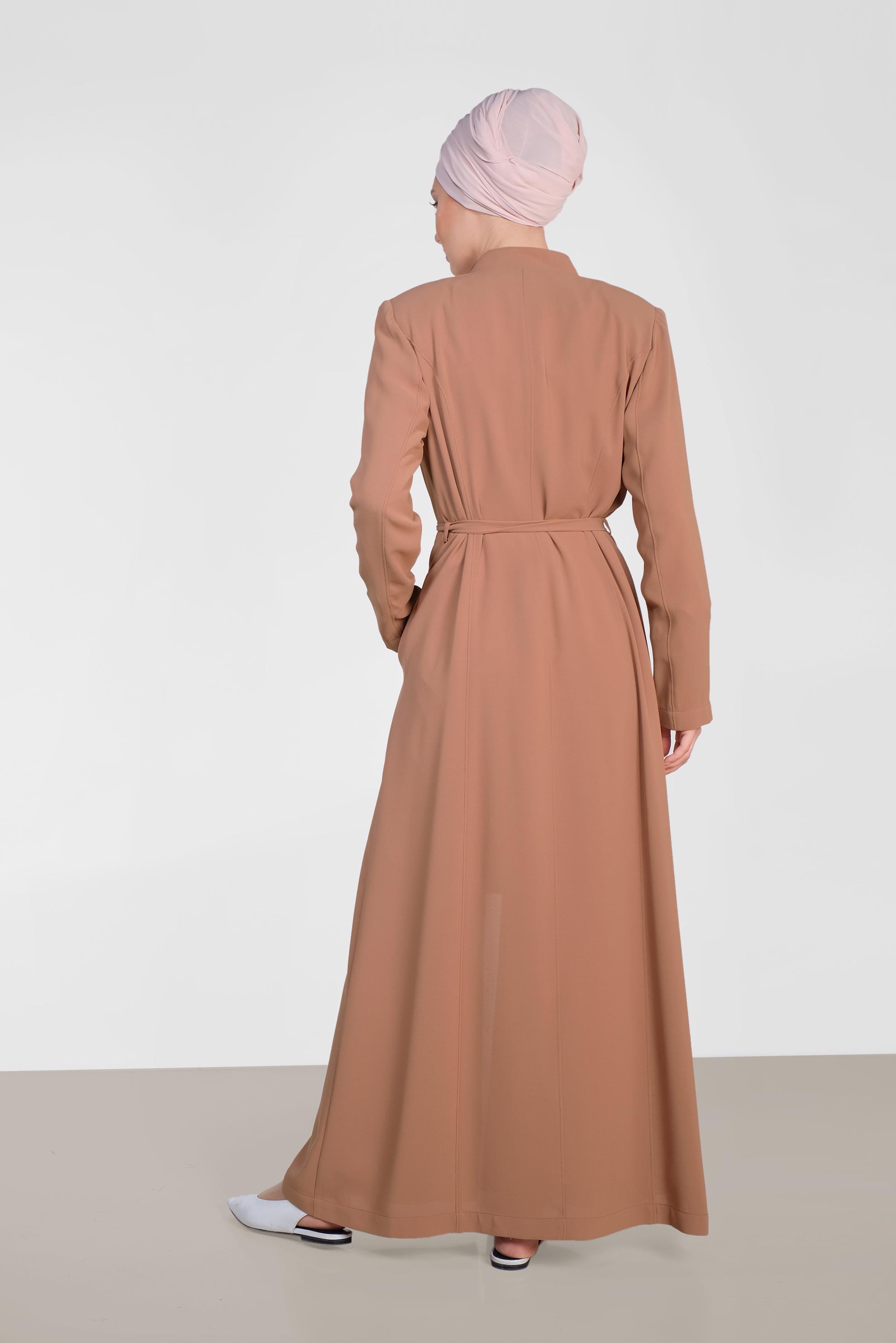 Hijab clothing BROWN Guipure Detail Hidden Button Overcoat 1471 