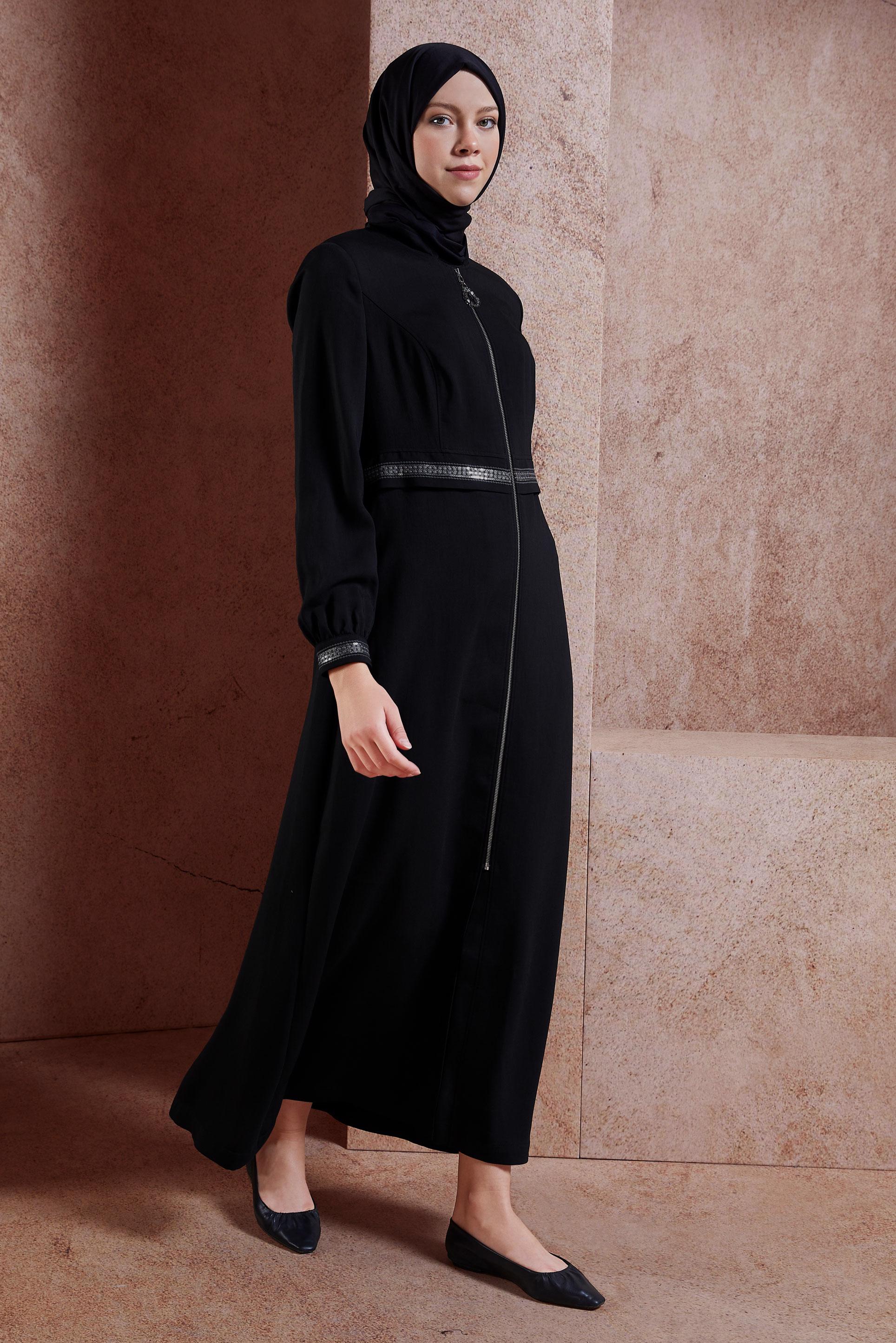 Tesettür giyim SİYAH FERMUARLI PARDESÜ 1474