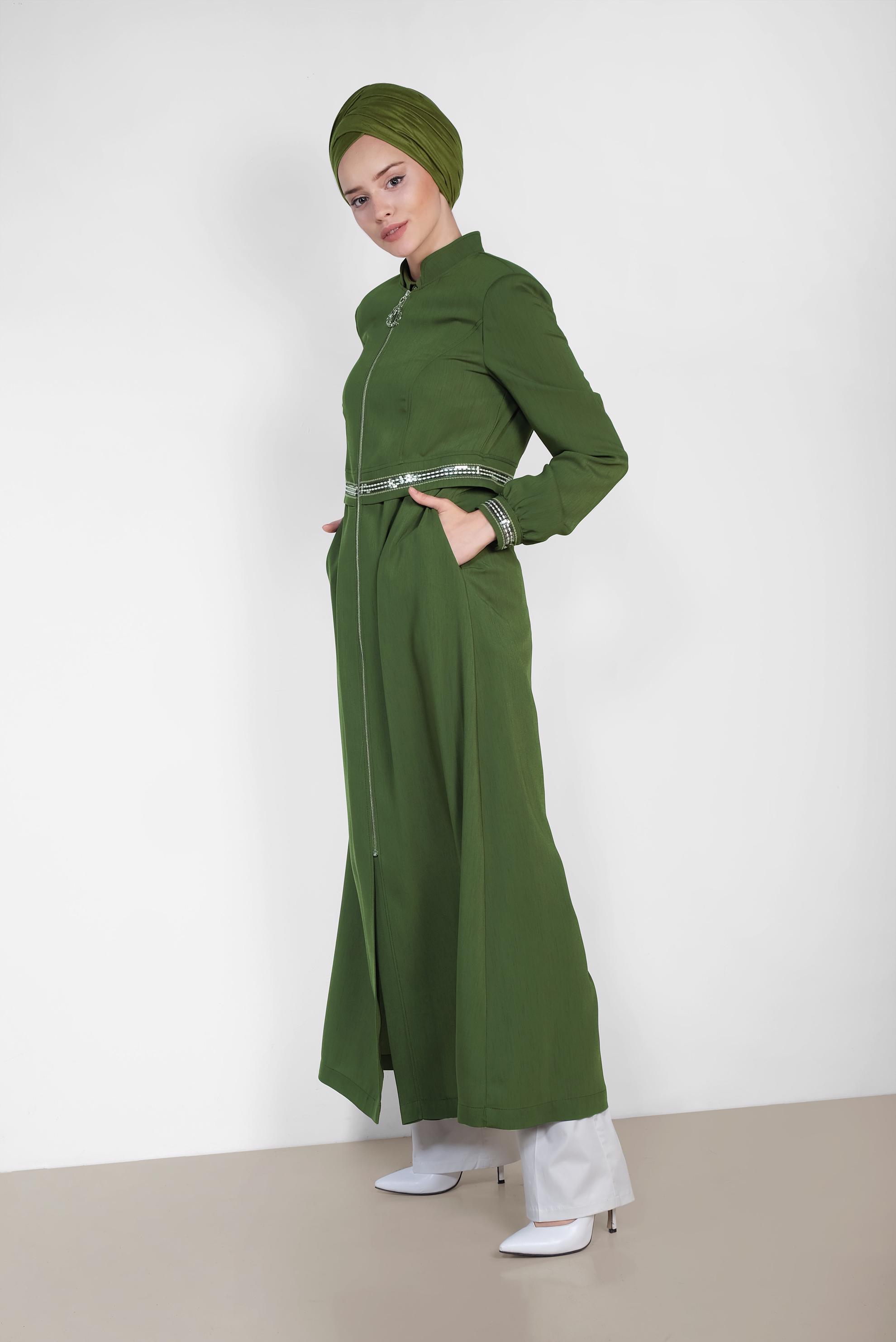 Tesettür giyim HAKİ FERMUARLI PARDESÜ 1474