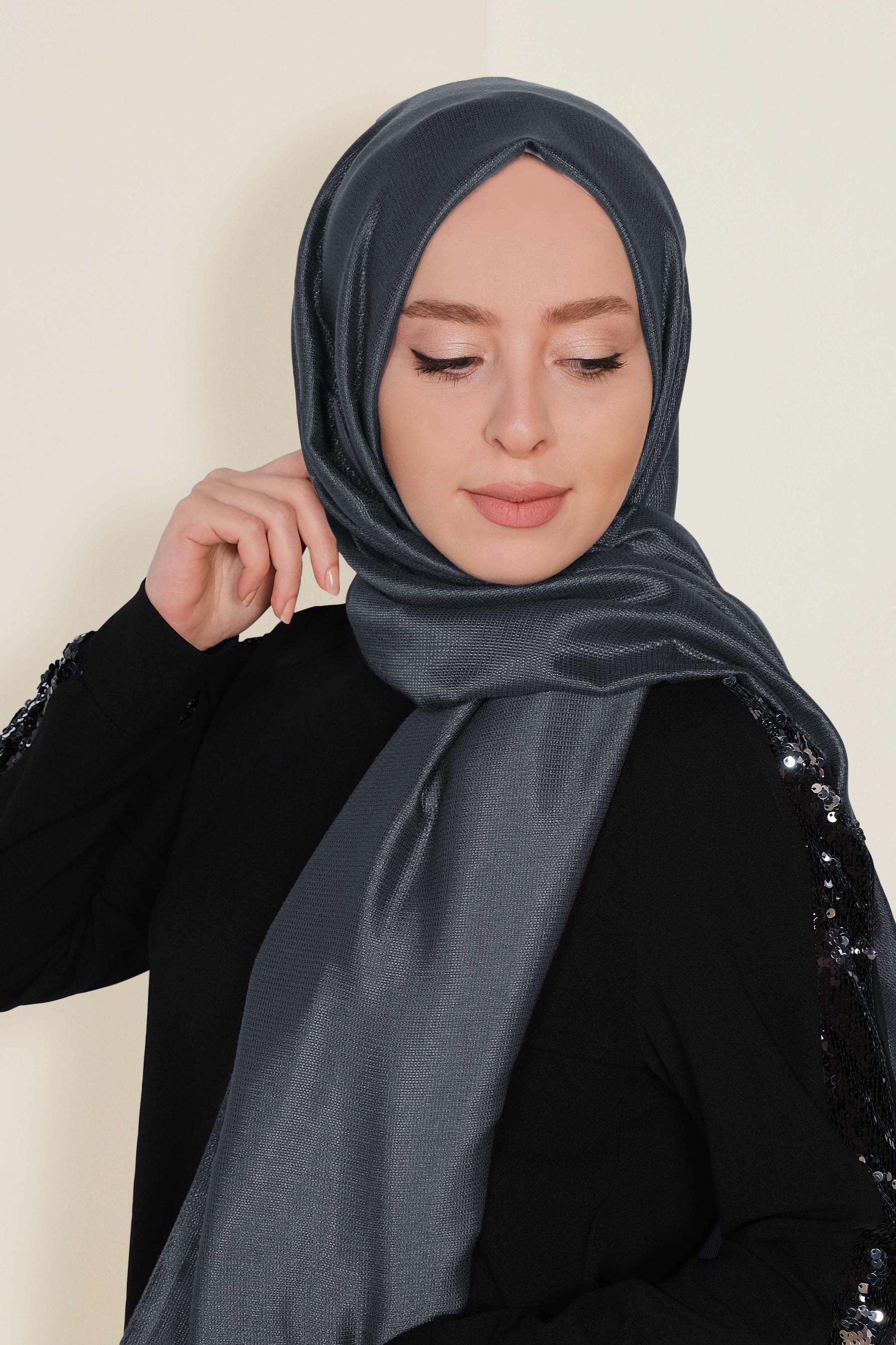 Vêtements hijab GRIS 9959 ALVİNA PARLAK PÜTÜRLÜ ABİYE ŞAL
