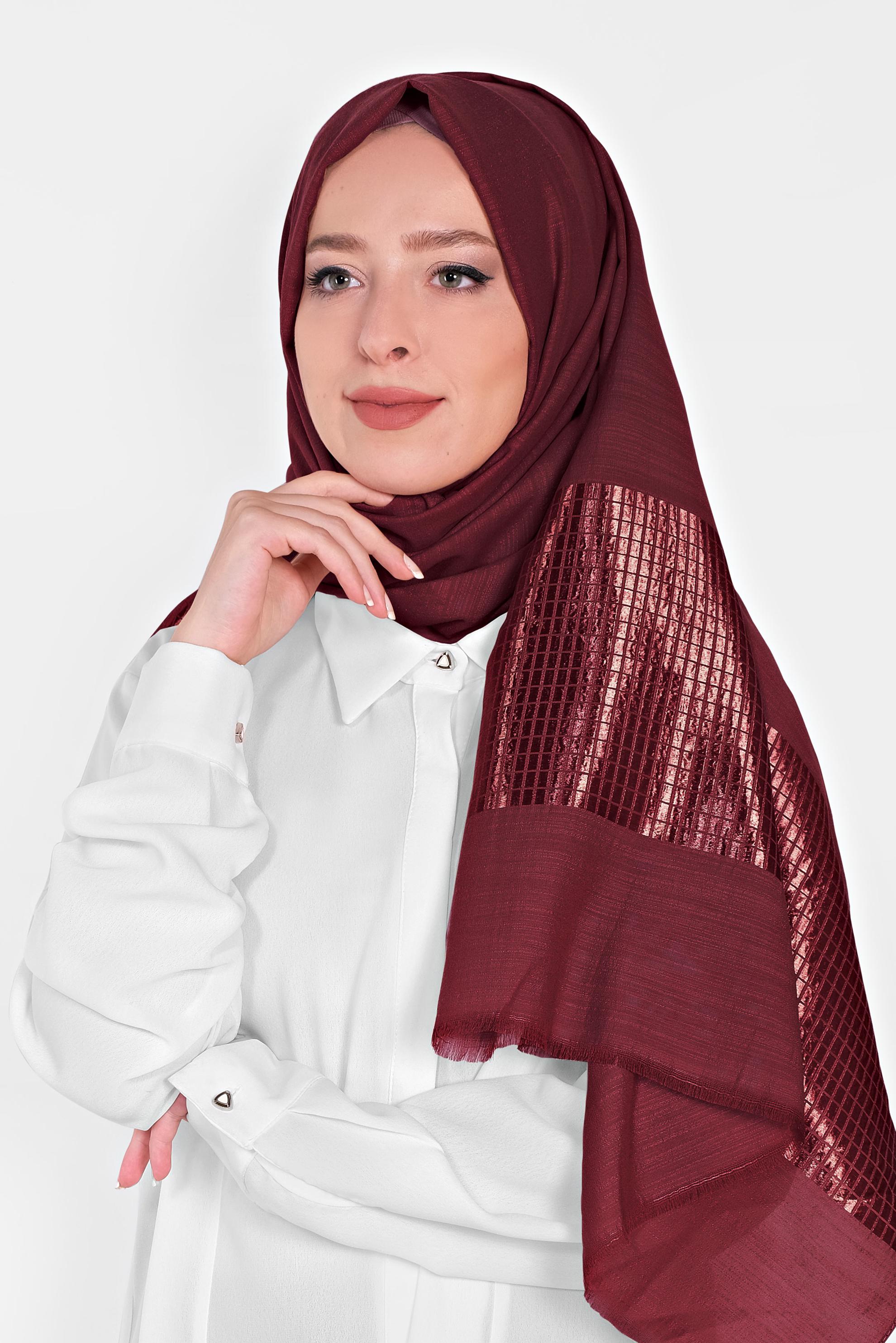 Tesettür giyim BORDO 9974 ALVİNA AĞAÇ KABUĞU ŞAL