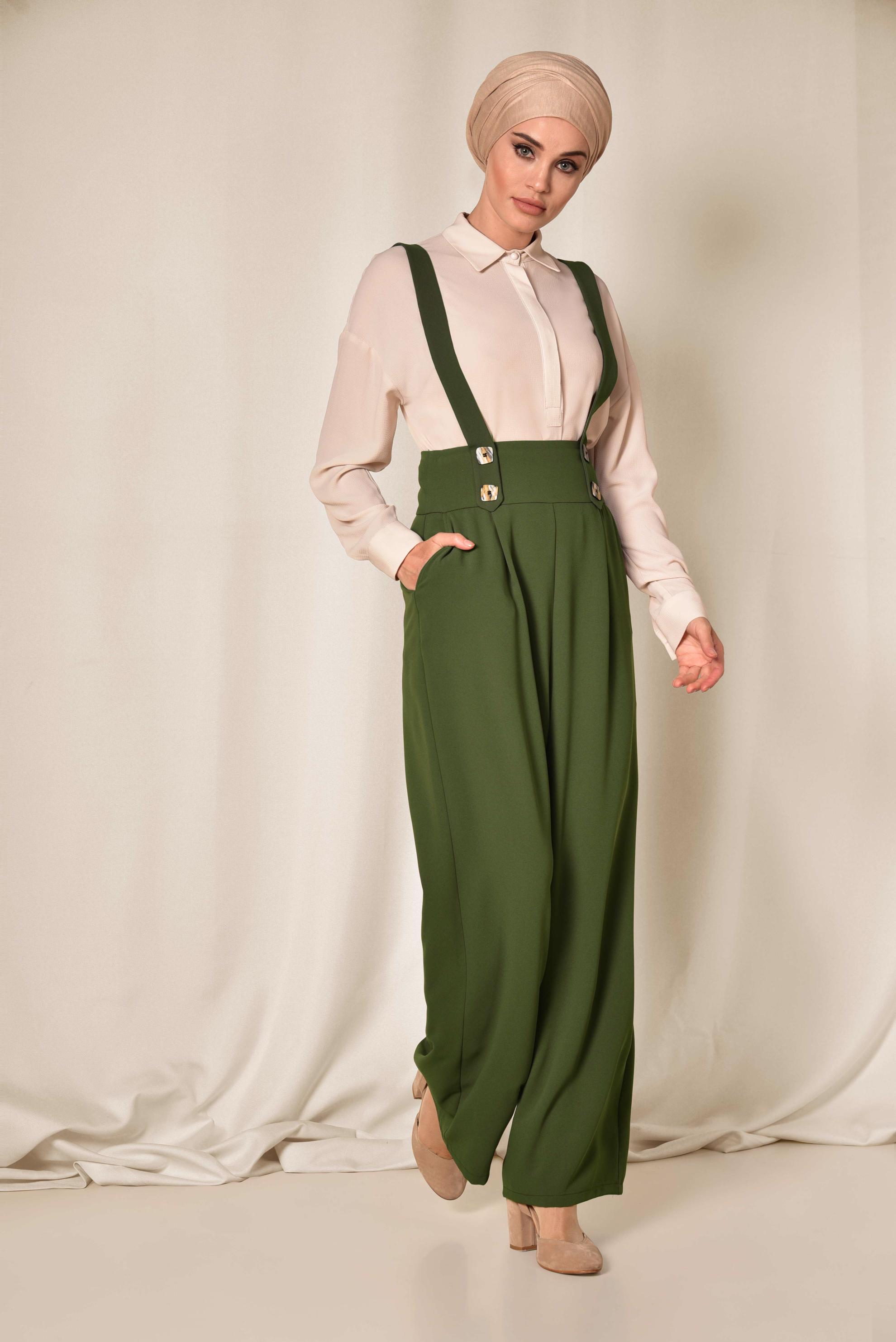 Tesettür giyim HAKİ YÜKSEL BEL SALOPET 4082 