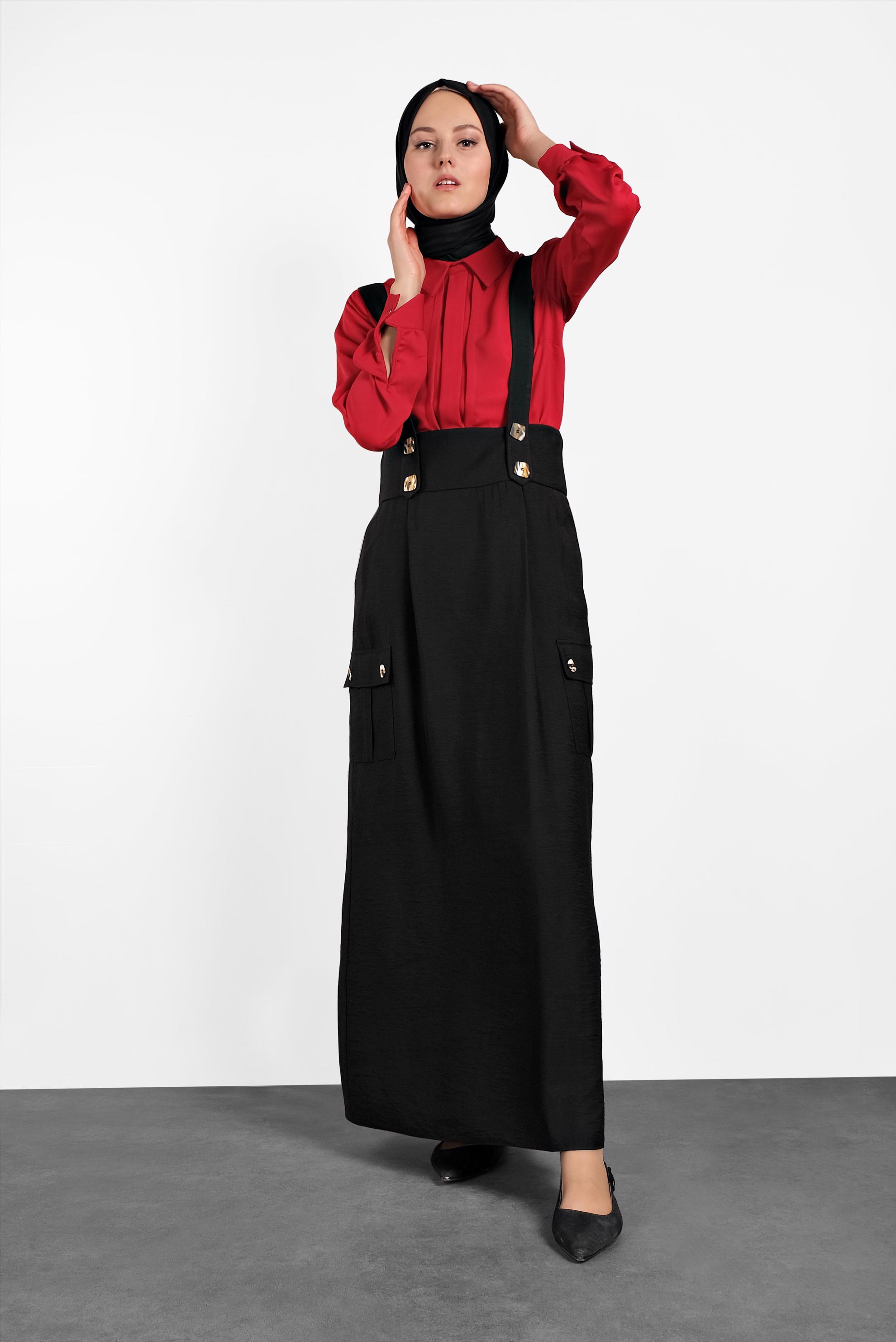 Tesettür giyim SİYAH DÜĞMELİ VE CEP DETAYLI ETEK SALOPET 4478