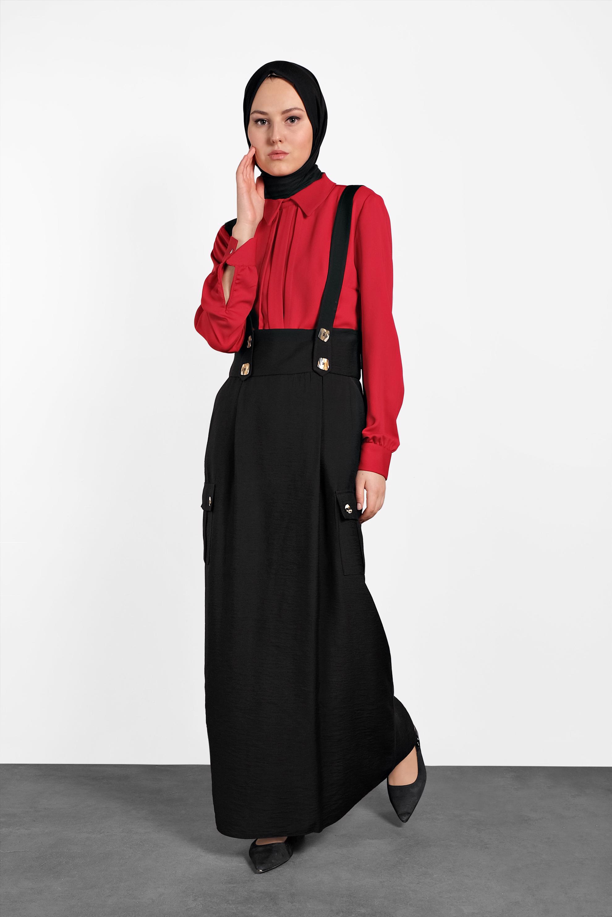 Tesettür giyim SİYAH DÜĞMELİ VE CEP DETAYLI ETEK SALOPET 4478