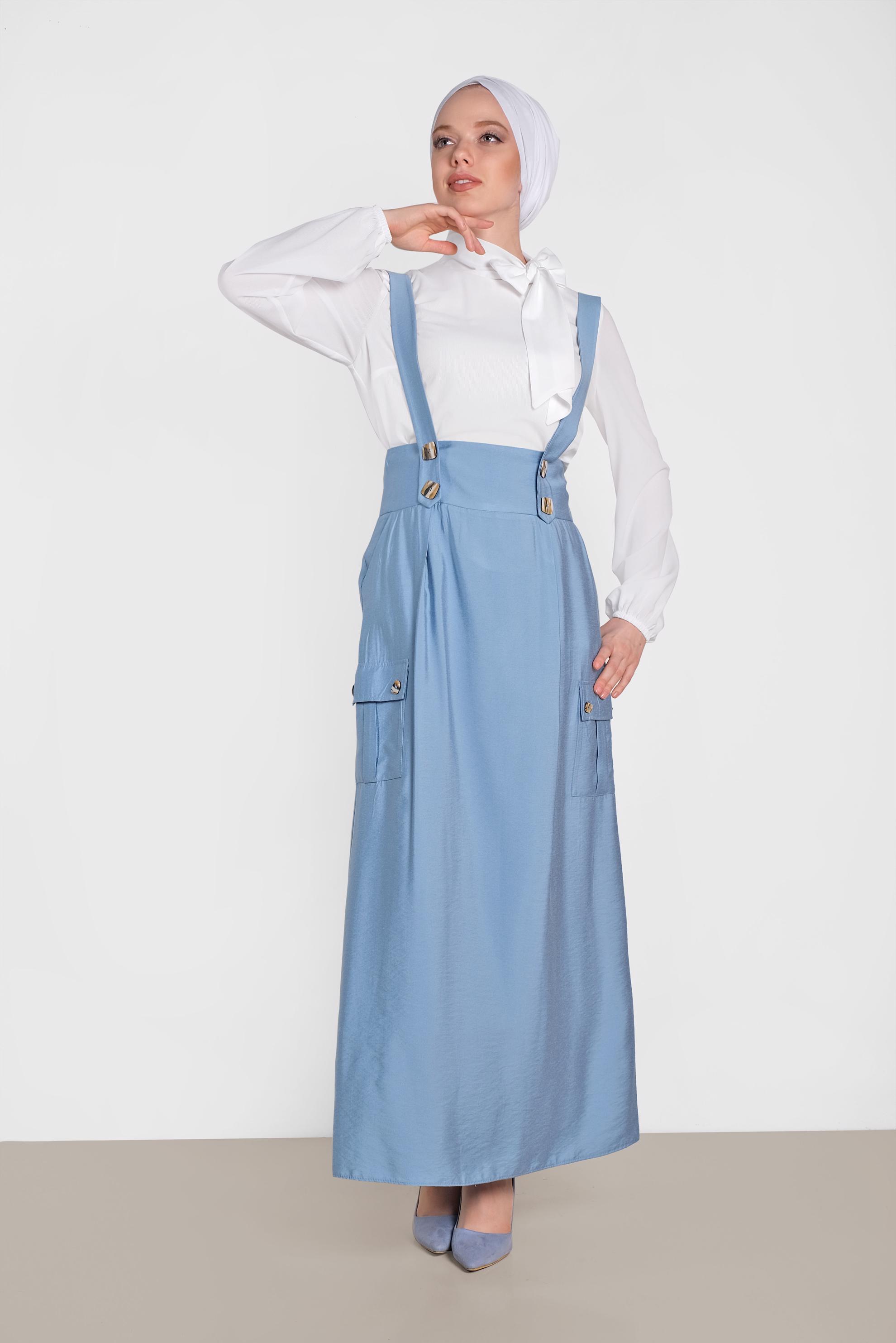 Tesettür giyim MAVİ DÜĞMELİ VE CEP DETAYLI ETEK SALOPET 4478