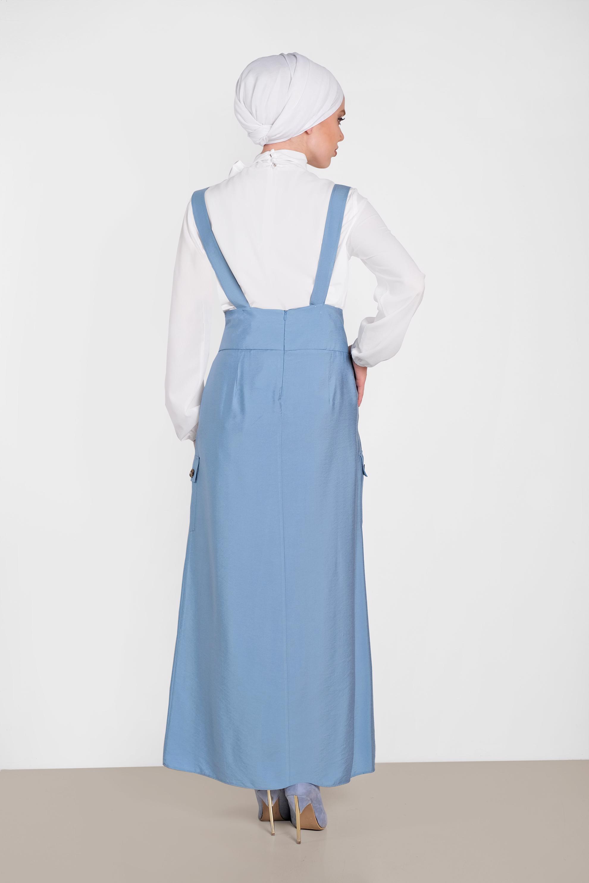 Tesettür giyim MAVİ DÜĞMELİ VE CEP DETAYLI ETEK SALOPET 4478