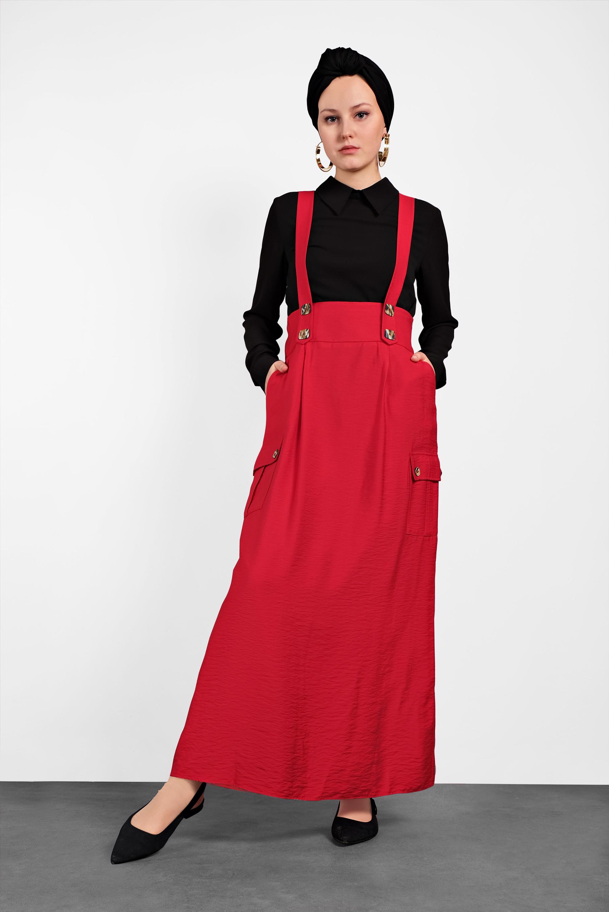 Tesettür giyim KIRMIZI DÜĞMELİ VE CEP DETAYLI ETEK SALOPET 4478