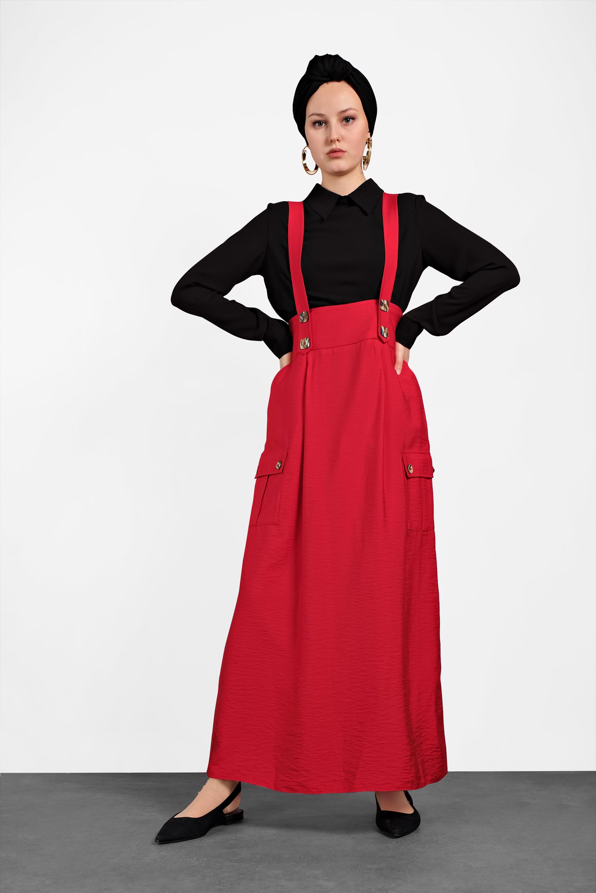 Tesettür giyim KIRMIZI DÜĞMELİ VE CEP DETAYLI ETEK SALOPET 4478