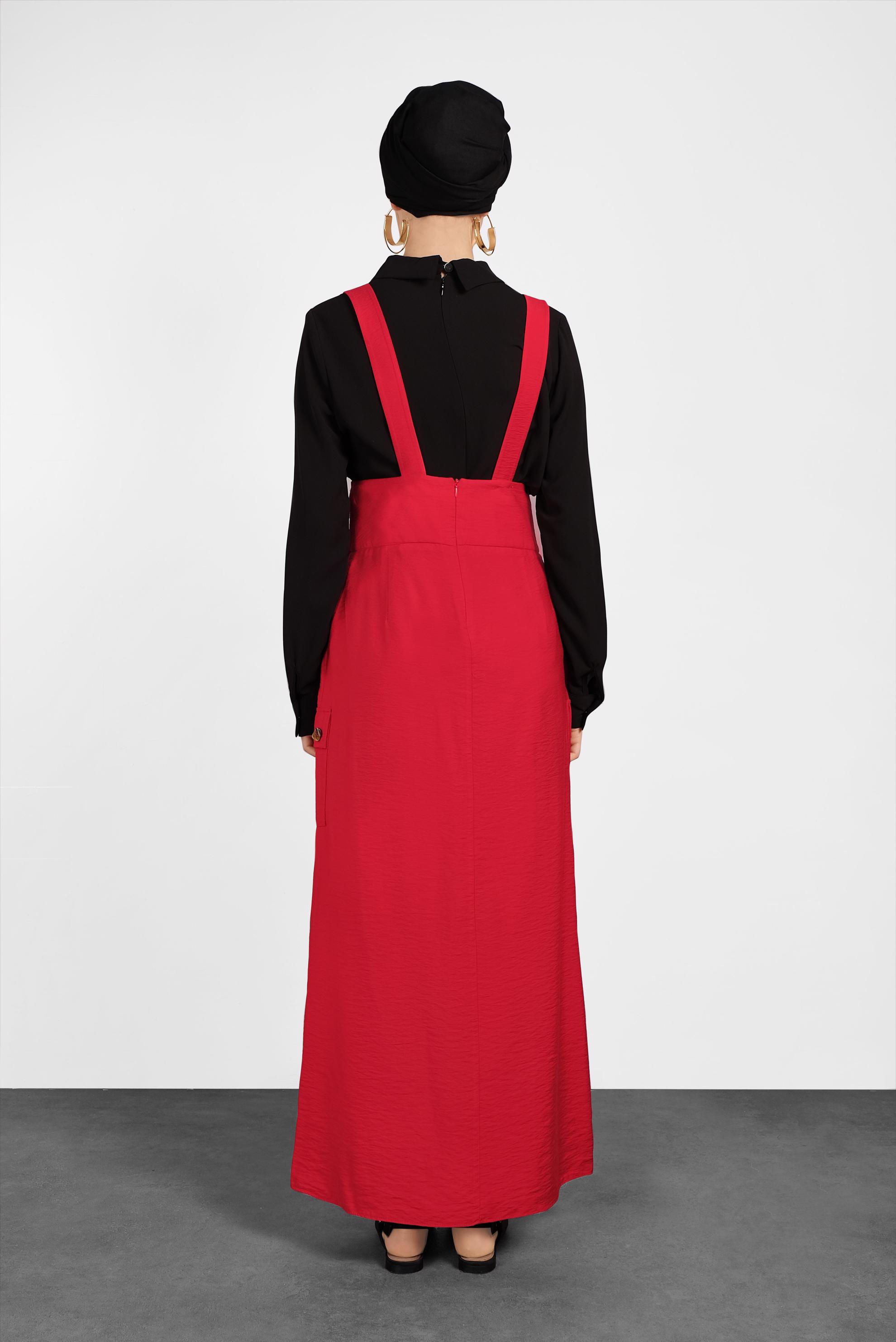 Tesettür giyim KIRMIZI DÜĞMELİ VE CEP DETAYLI ETEK SALOPET 4478