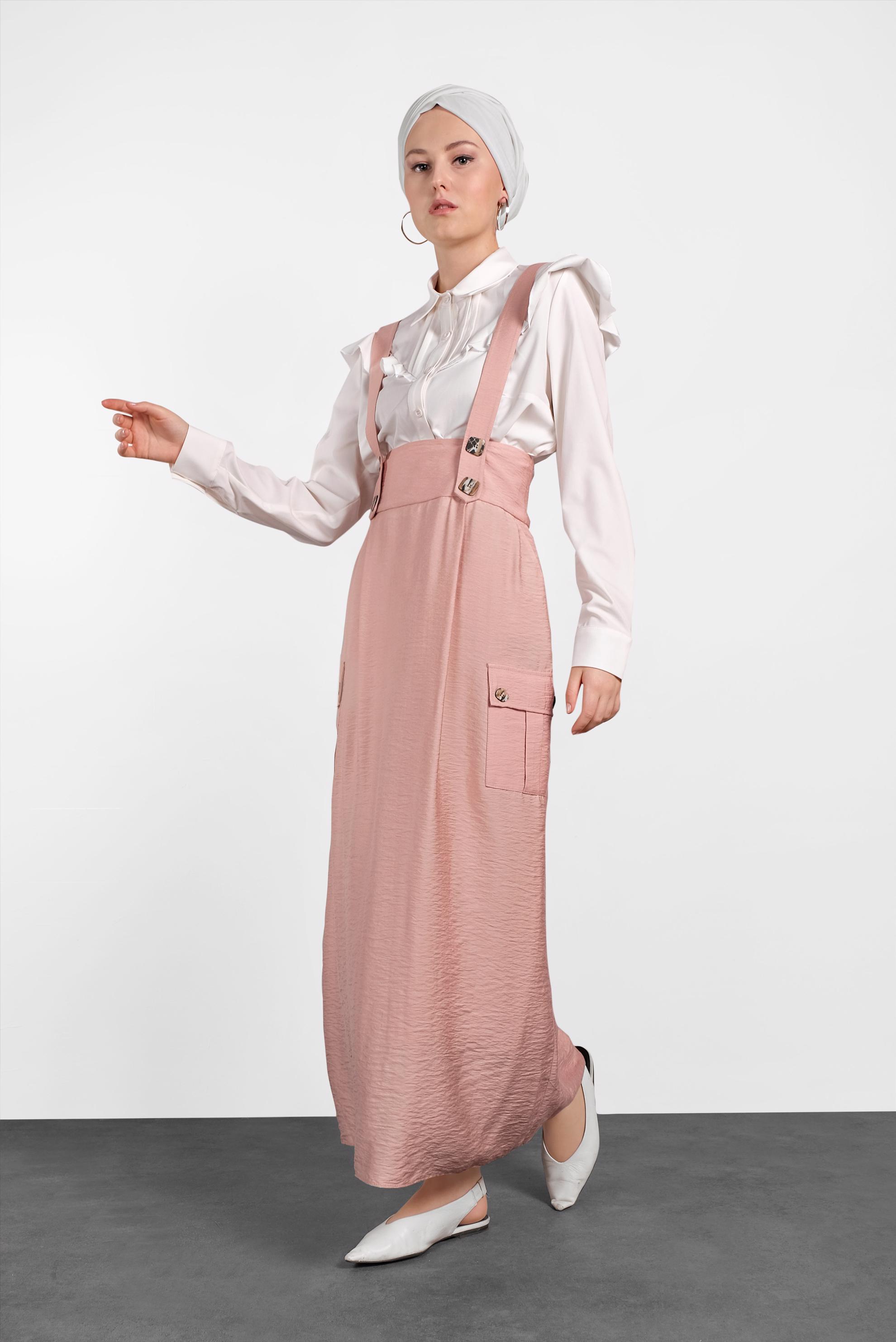 Tesettür giyim PUDRA DÜĞMELİ VE CEP DETAYLI ETEK SALOPET 4478