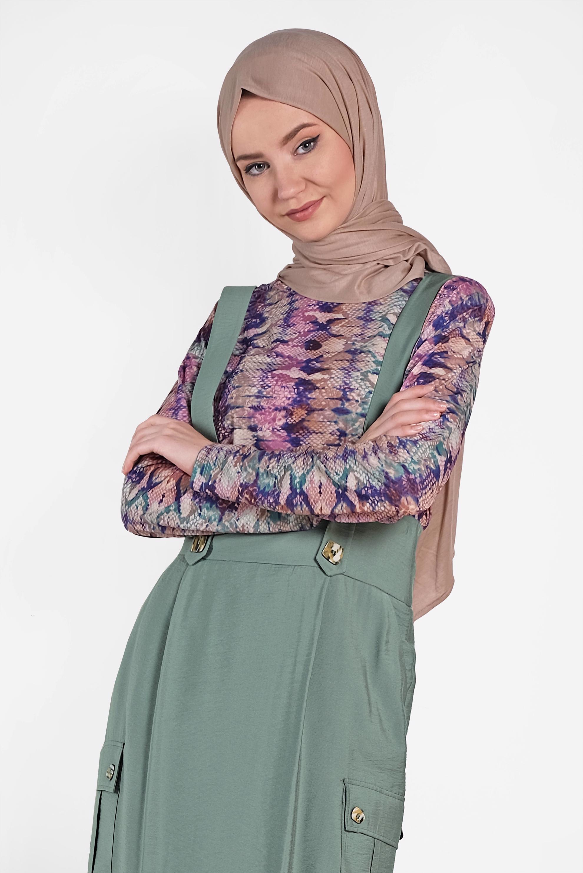 Tesettür giyim YEŞİL DÜĞMELİ VE CEP DETAYLI ETEK SALOPET 4478