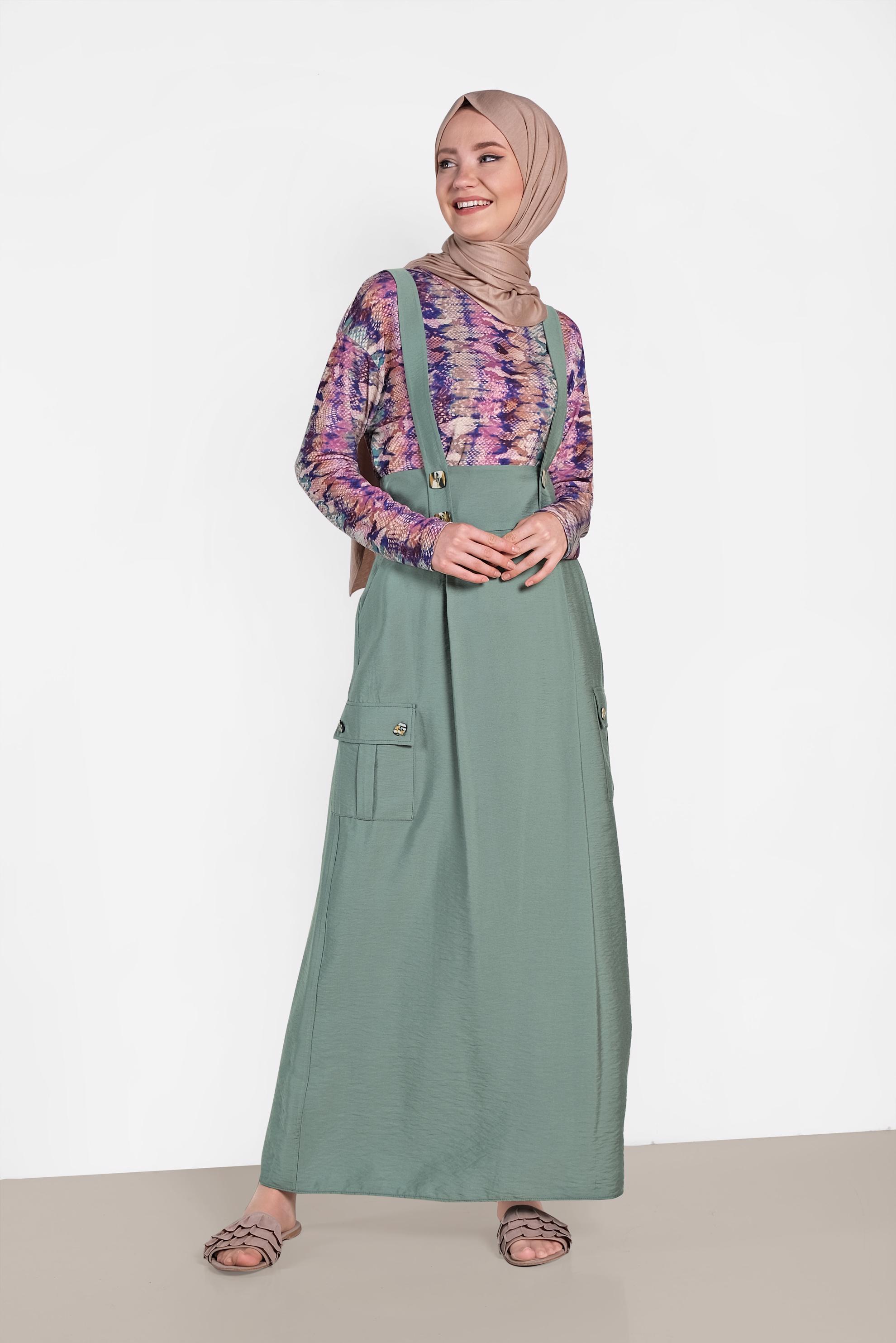 Tesettür giyim YEŞİL DÜĞMELİ VE CEP DETAYLI ETEK SALOPET 4478