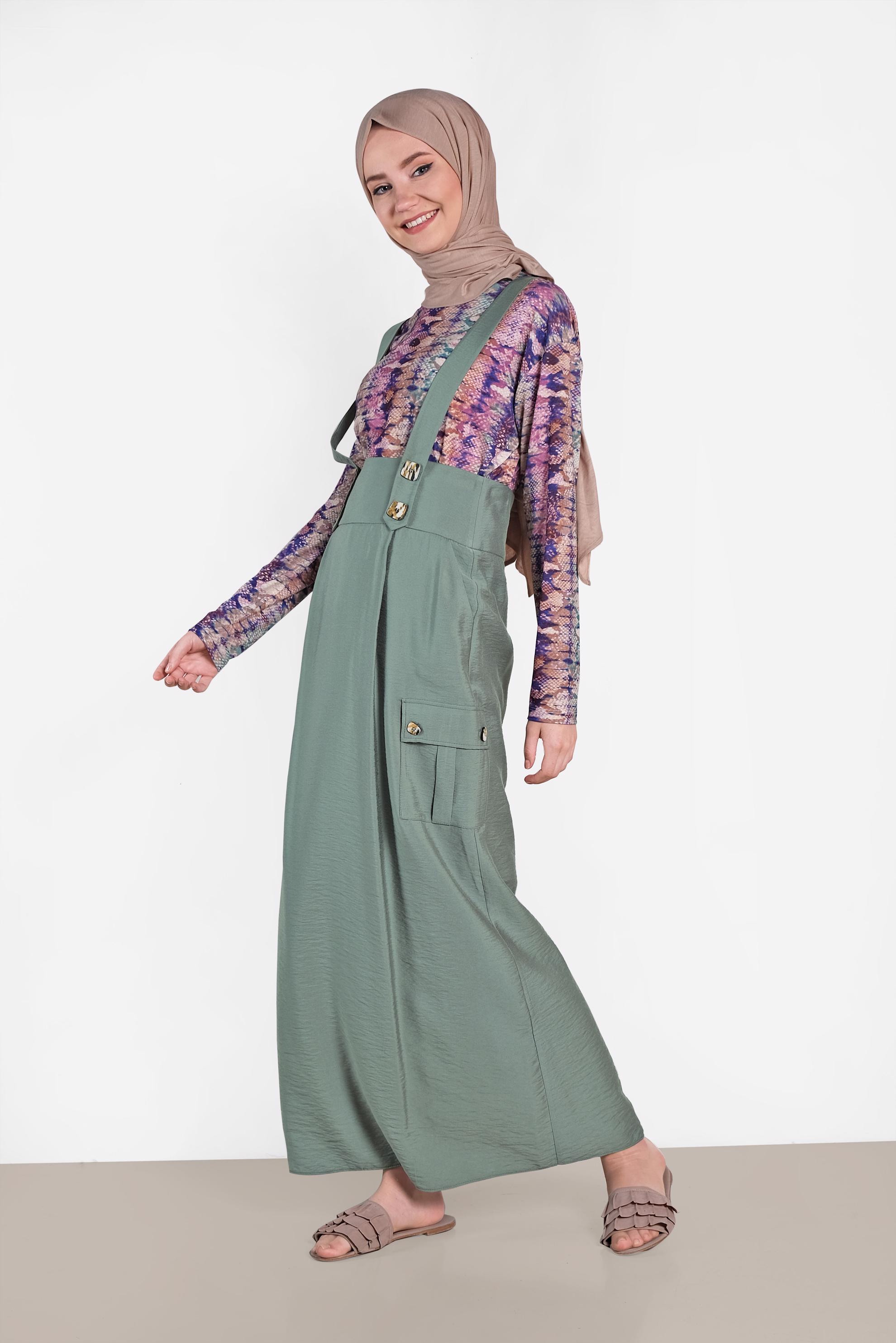 Tesettür giyim YEŞİL DÜĞMELİ VE CEP DETAYLI ETEK SALOPET 4478