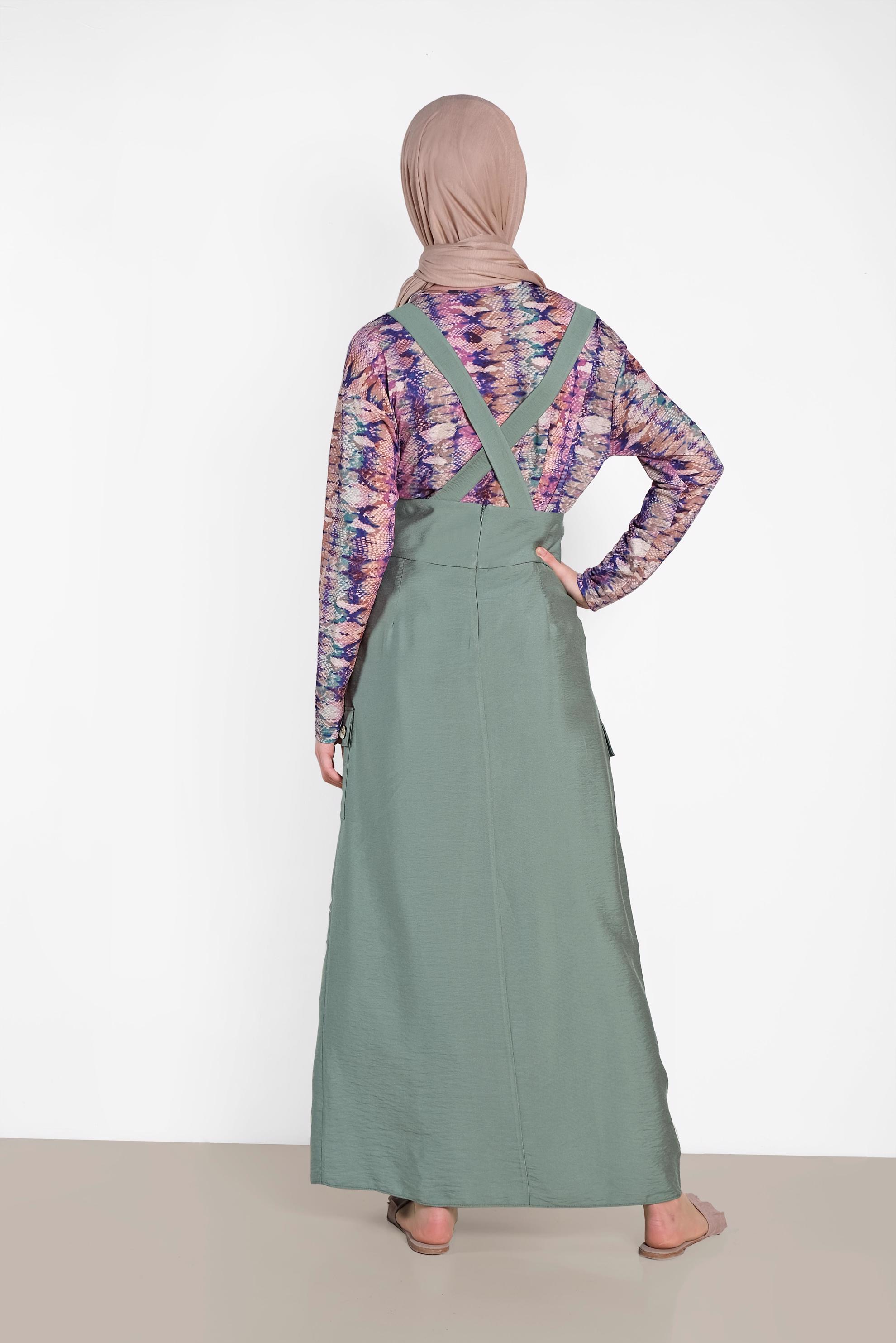 Tesettür giyim YEŞİL DÜĞMELİ VE CEP DETAYLI ETEK SALOPET 4478